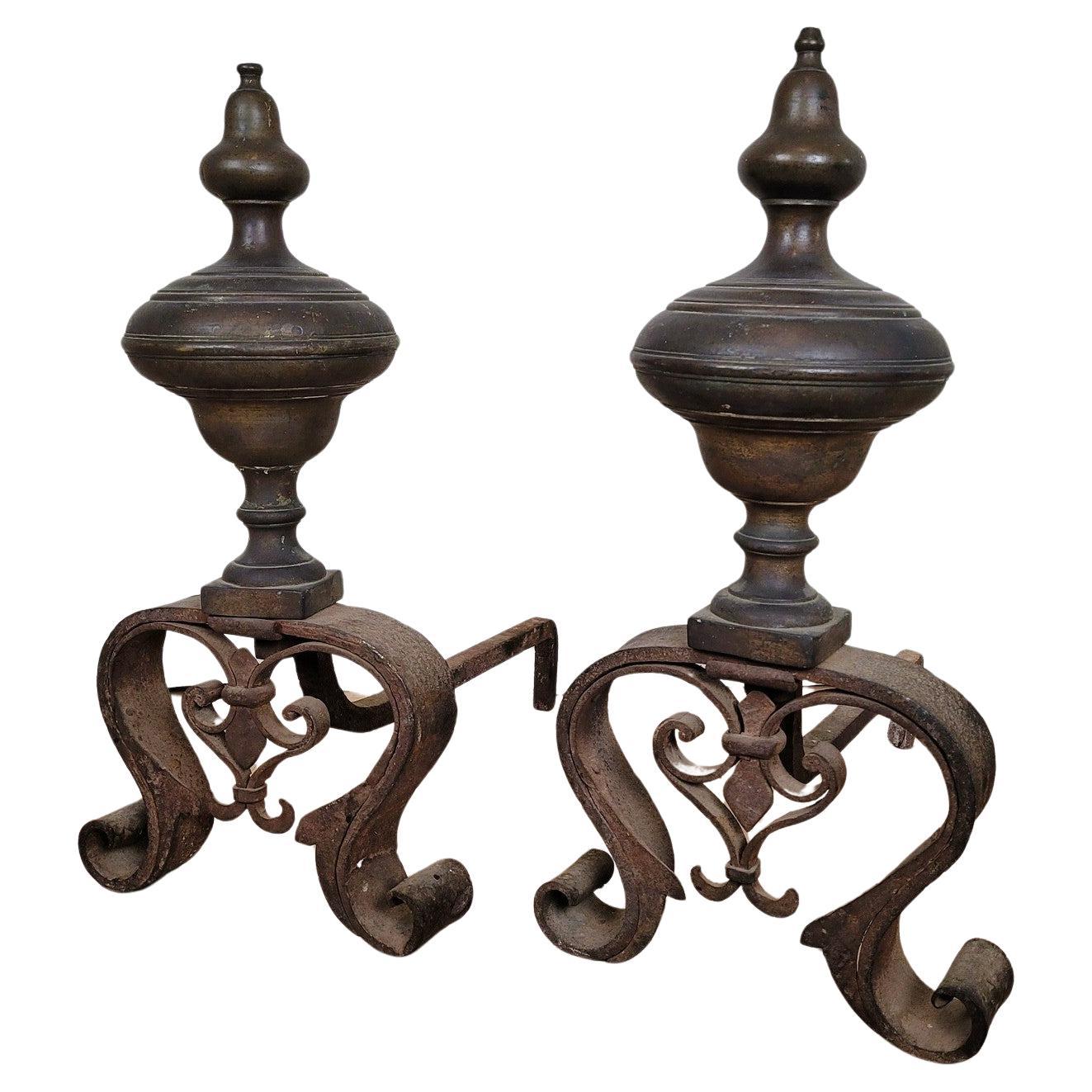 Pair Of Andirons In Bronze And Wrought Iron, 19th Century For Sale