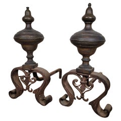 Pair Of Andirons In Bronze And Wrought Iron, 19th Century