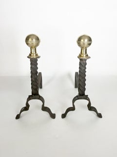 Pair of Andirons in Cast Iron and Brass, Black and Gold, France, 1960s