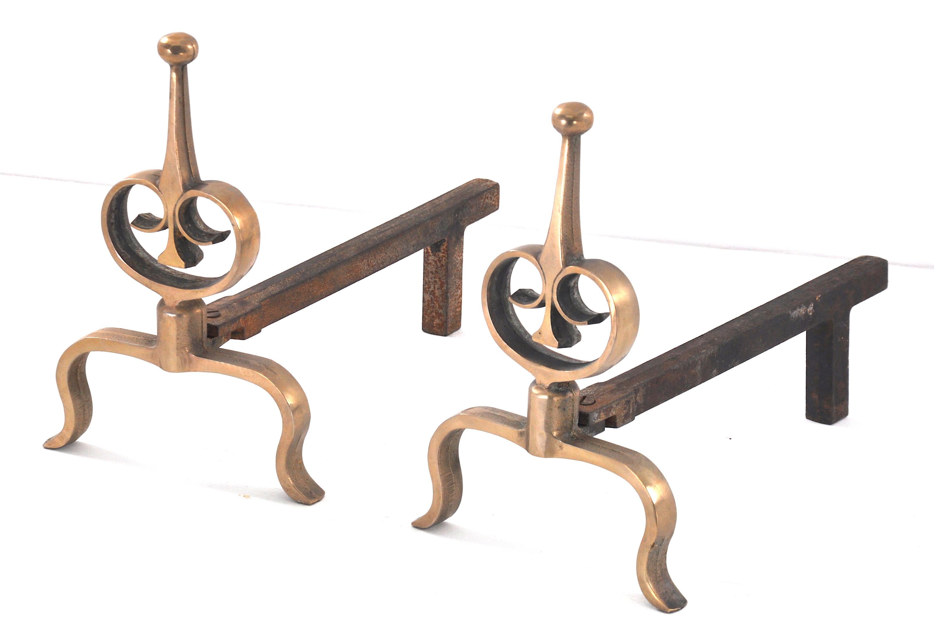 French Pair of Andirons in Cast Iron and Bronze, France, 20th Century