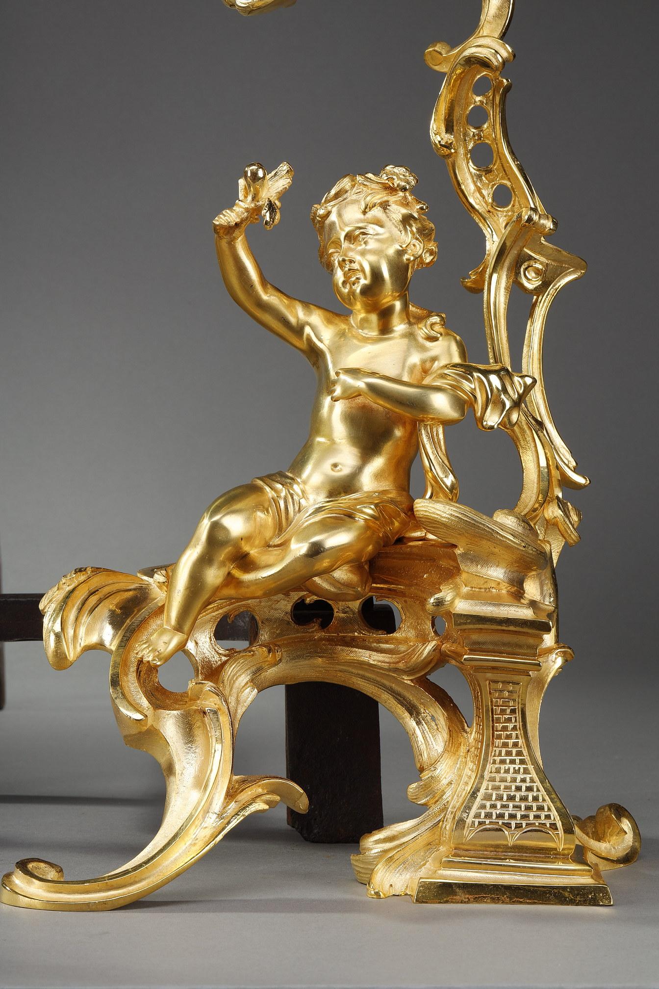 Pair of Andirons in Gilt Bronze, Louis XV Style For Sale 5