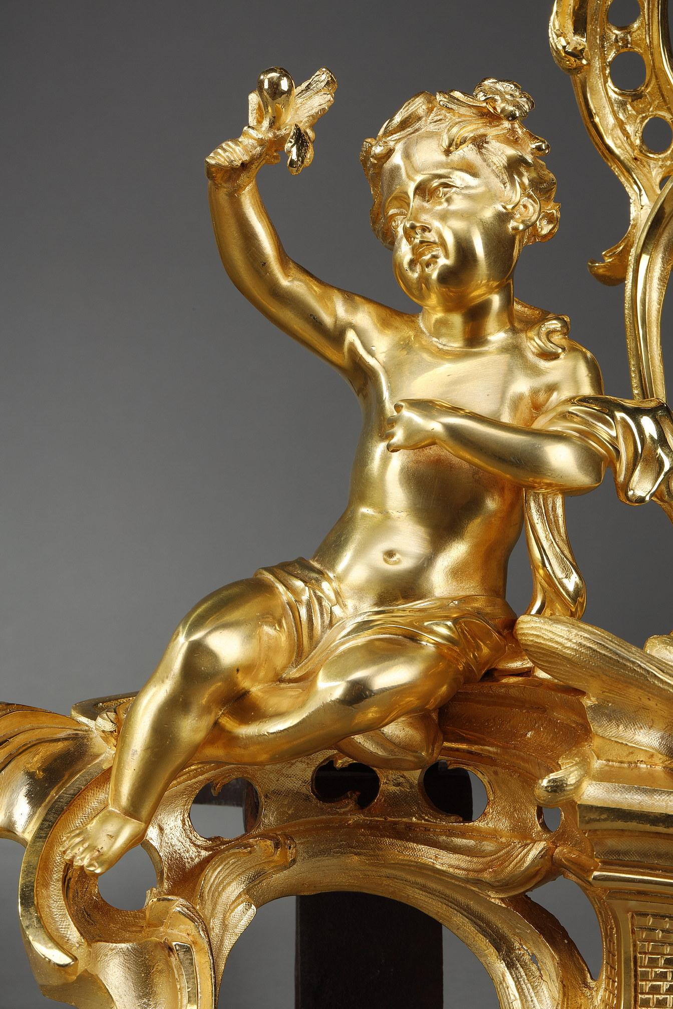 Paire de chenets en bronze doré de style Louis XV en vente 4