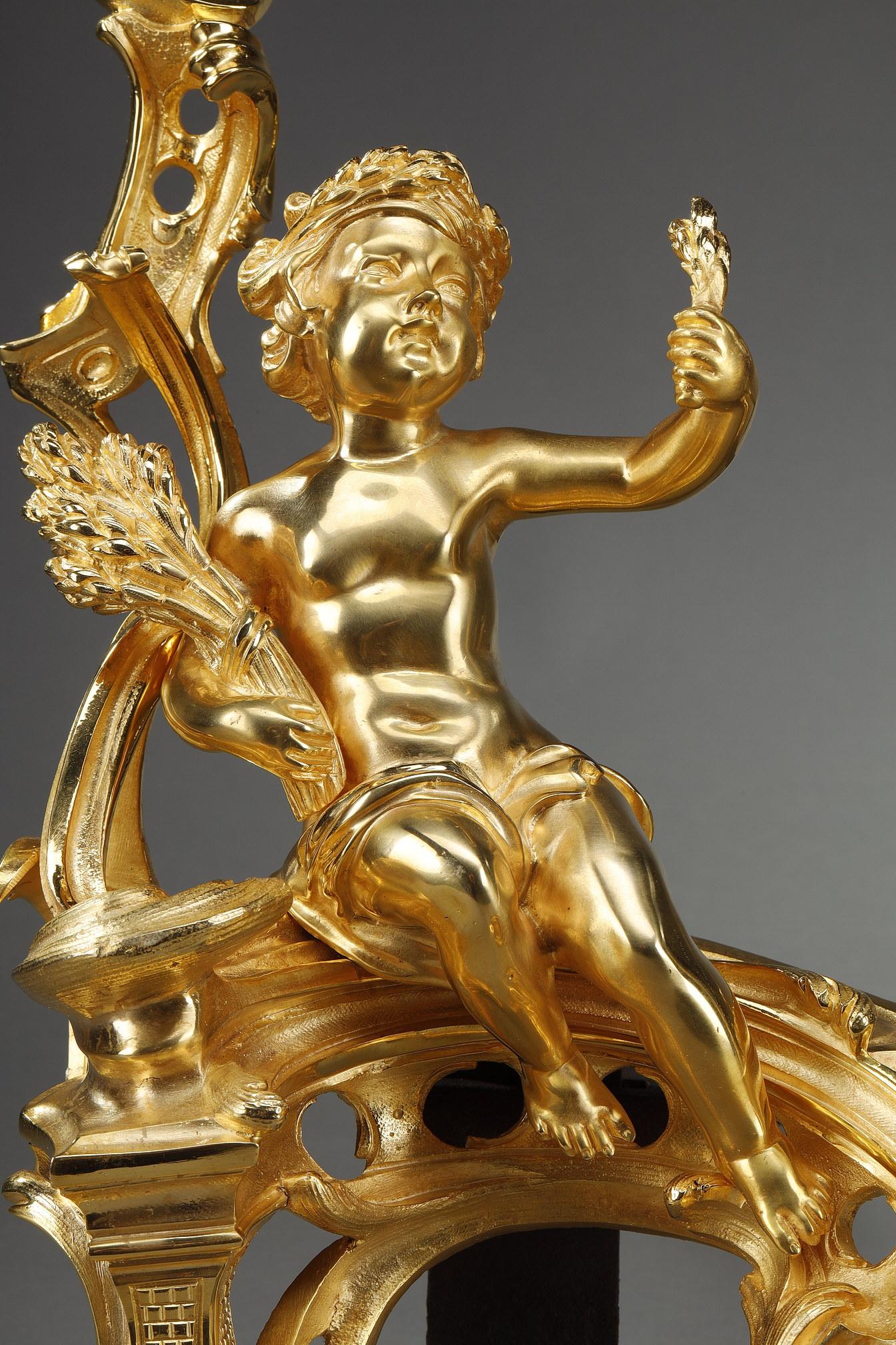 Paire de chenets en bronze doré de style Louis XV en vente 5