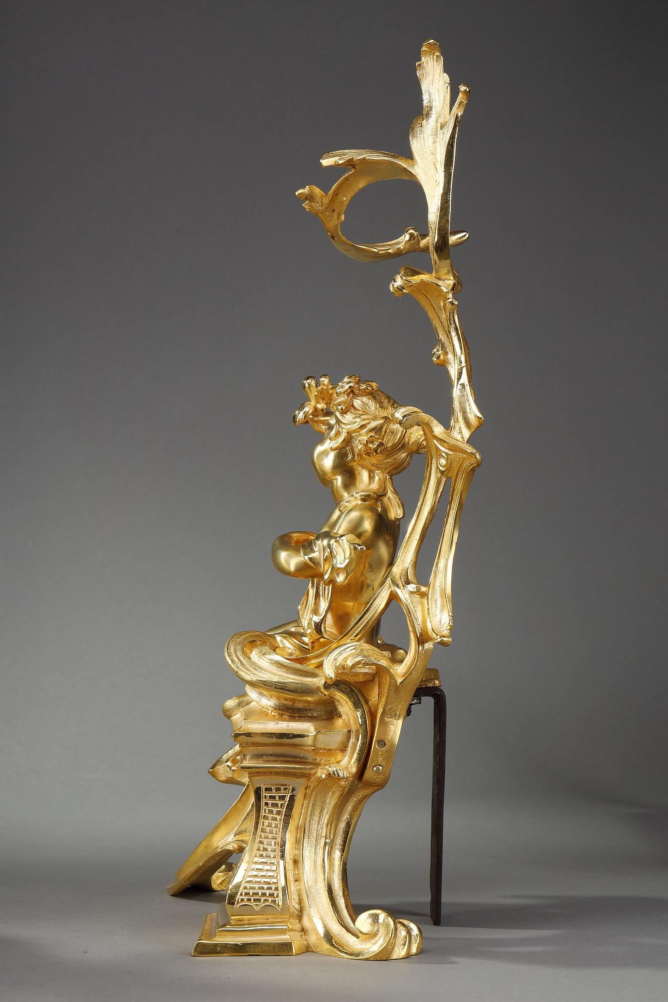 Paire de chenets en bronze doré de style Louis XV en vente 9
