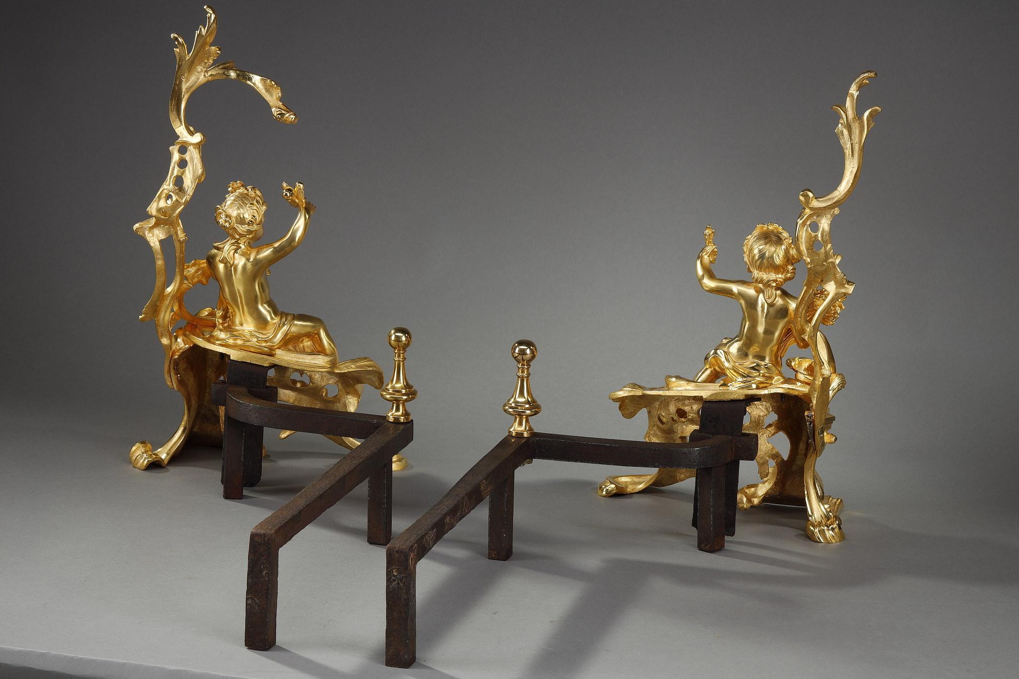 Pair of Andirons in Gilt Bronze, Louis XV Style For Sale 12