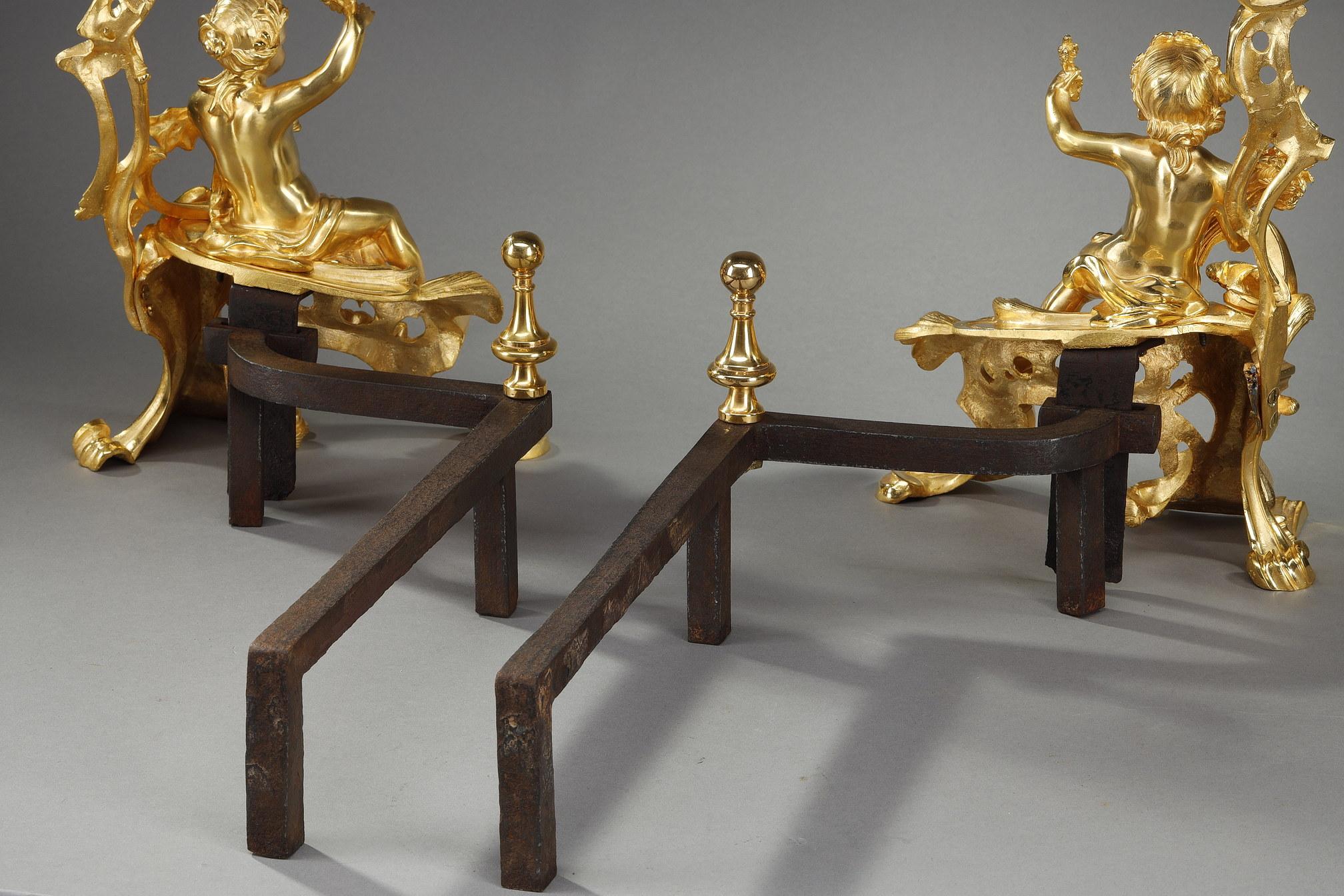 Pair of Andirons in Gilt Bronze, Louis XV Style For Sale 13