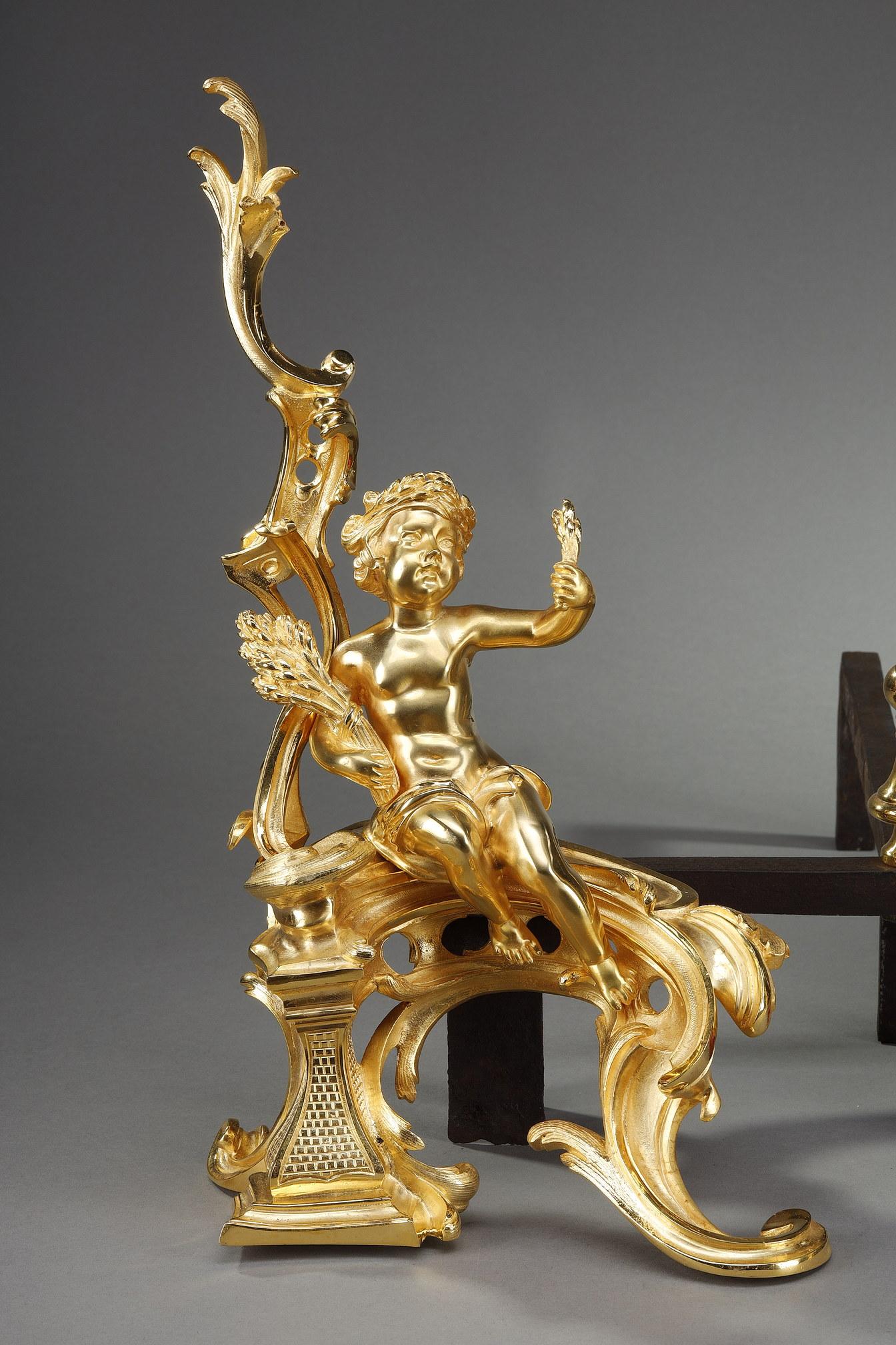 French Pair of Andirons in Gilt Bronze, Louis XV Style For Sale