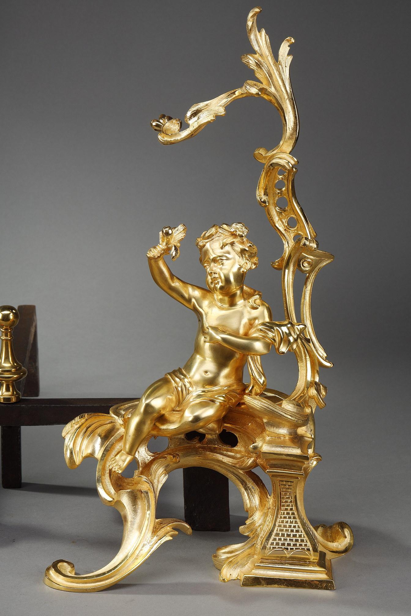 Doré Paire de chenets en bronze doré de style Louis XV en vente