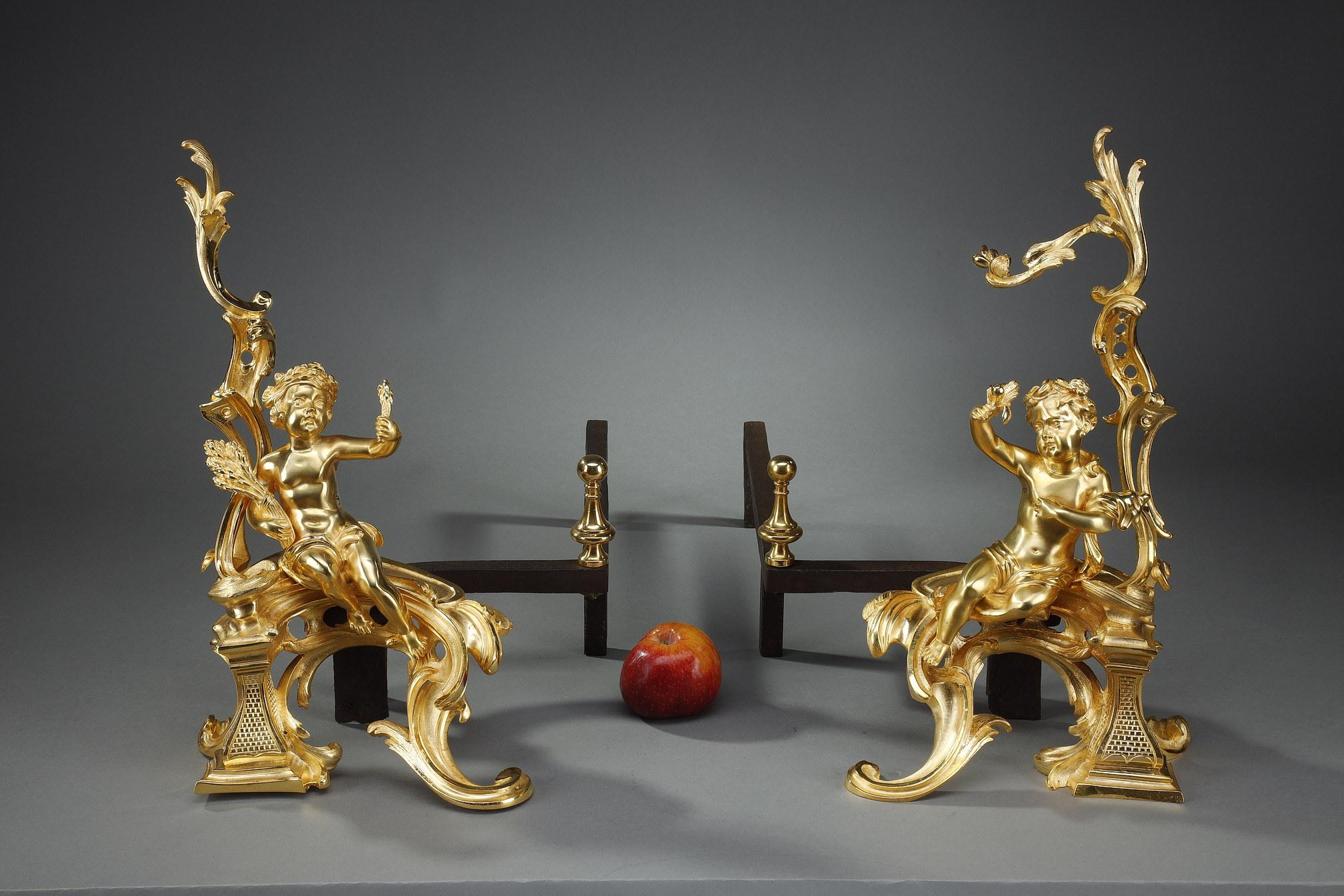 Late 19th Century Pair of Andirons in Gilt Bronze, Louis XV Style For Sale