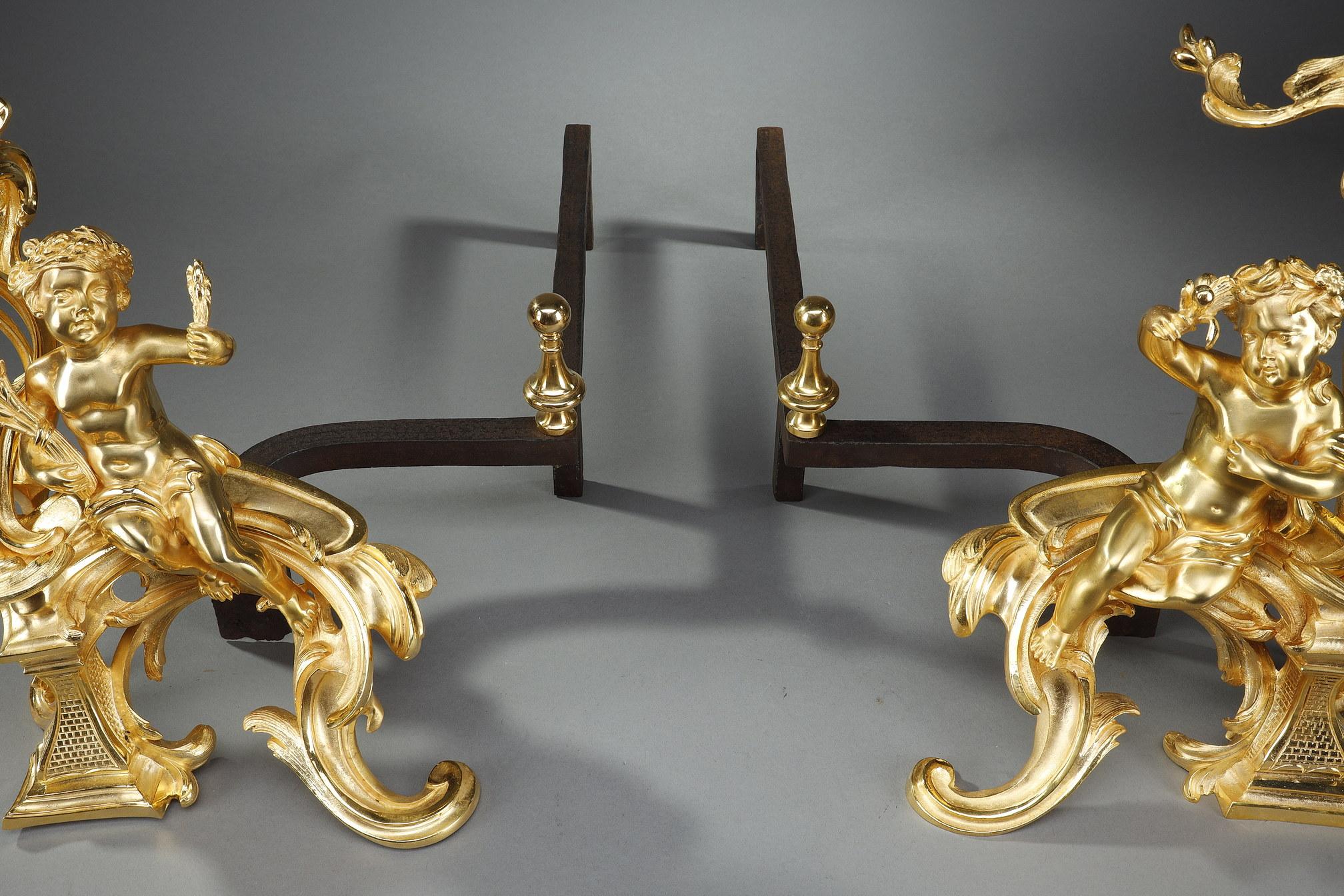 Pair of Andirons in Gilt Bronze, Louis XV Style For Sale 3