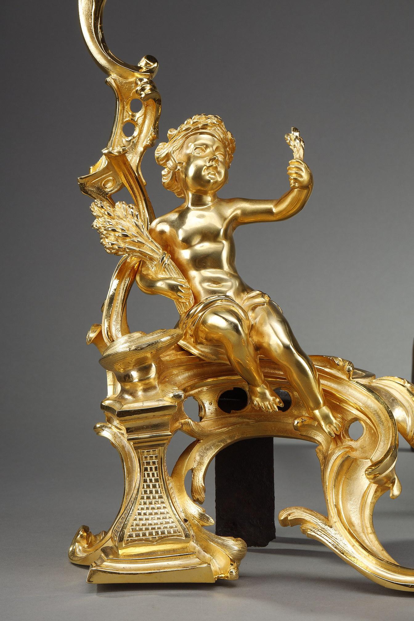 Paire de chenets en bronze doré de style Louis XV en vente 2