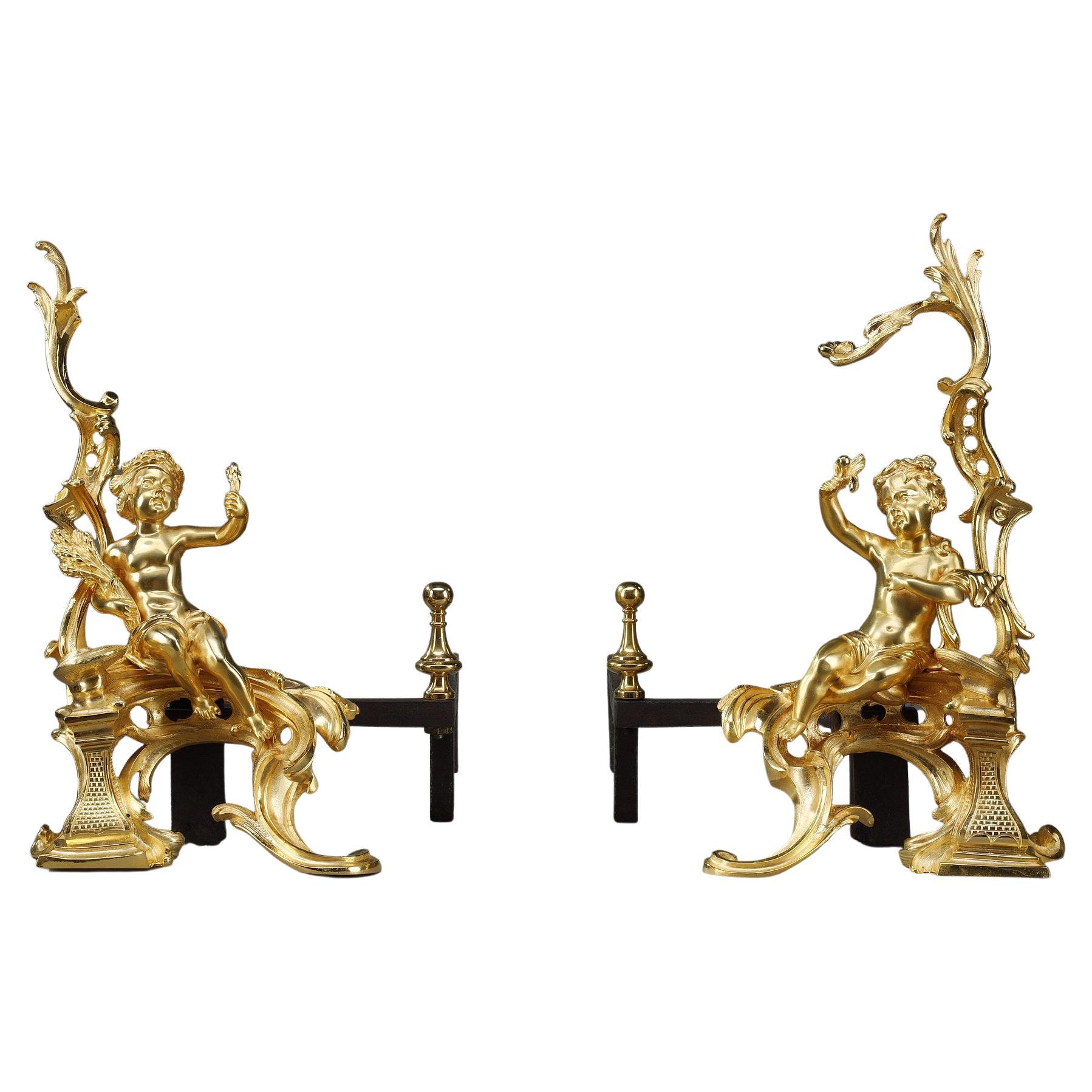 Pair of Andirons in Gilt Bronze, Louis XV Style For Sale