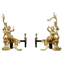 Pair of Andirons in Gilt Bronze, Louis XV Style