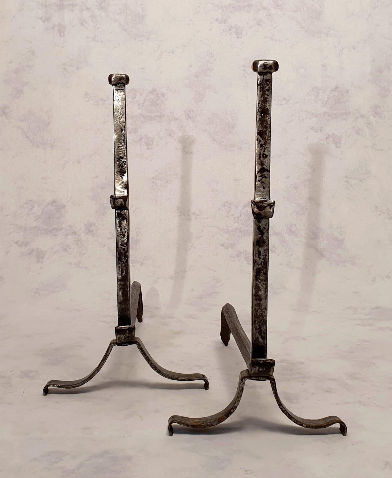 Pair of Andirons Louis XIII Style, Wrought Iron, 19th Century In Good Condition For Sale In SAINT-OUEN-SUR-SEINE, FR