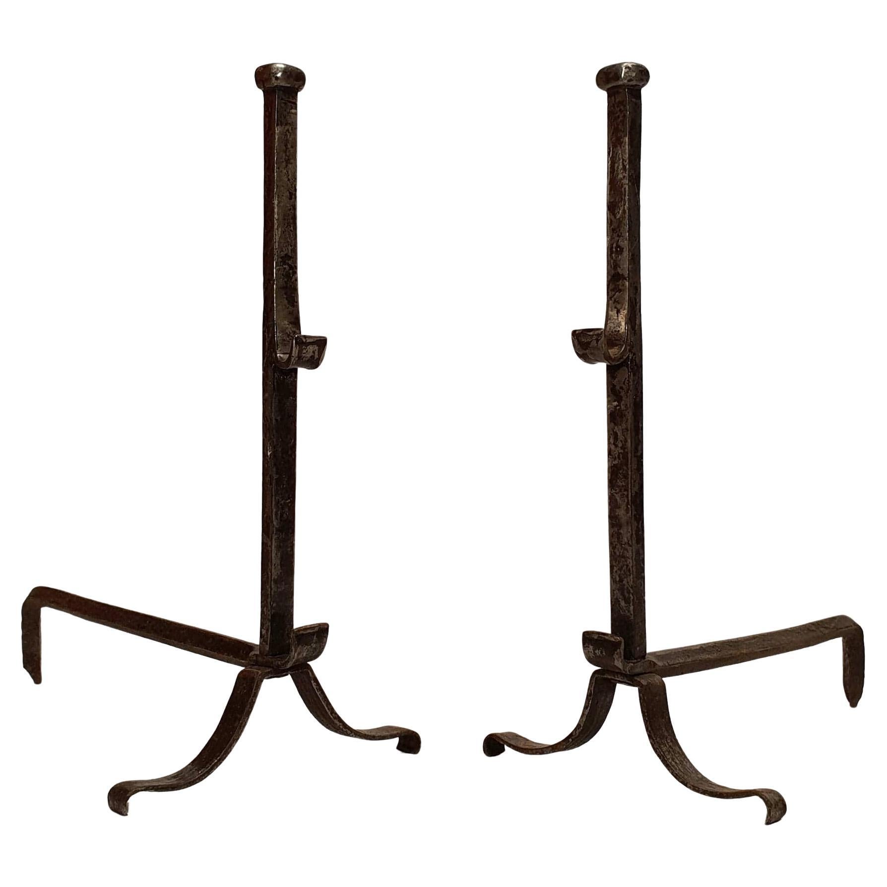 Pair of Andirons Louis XIII Style, Wrought Iron, 19th Century For Sale