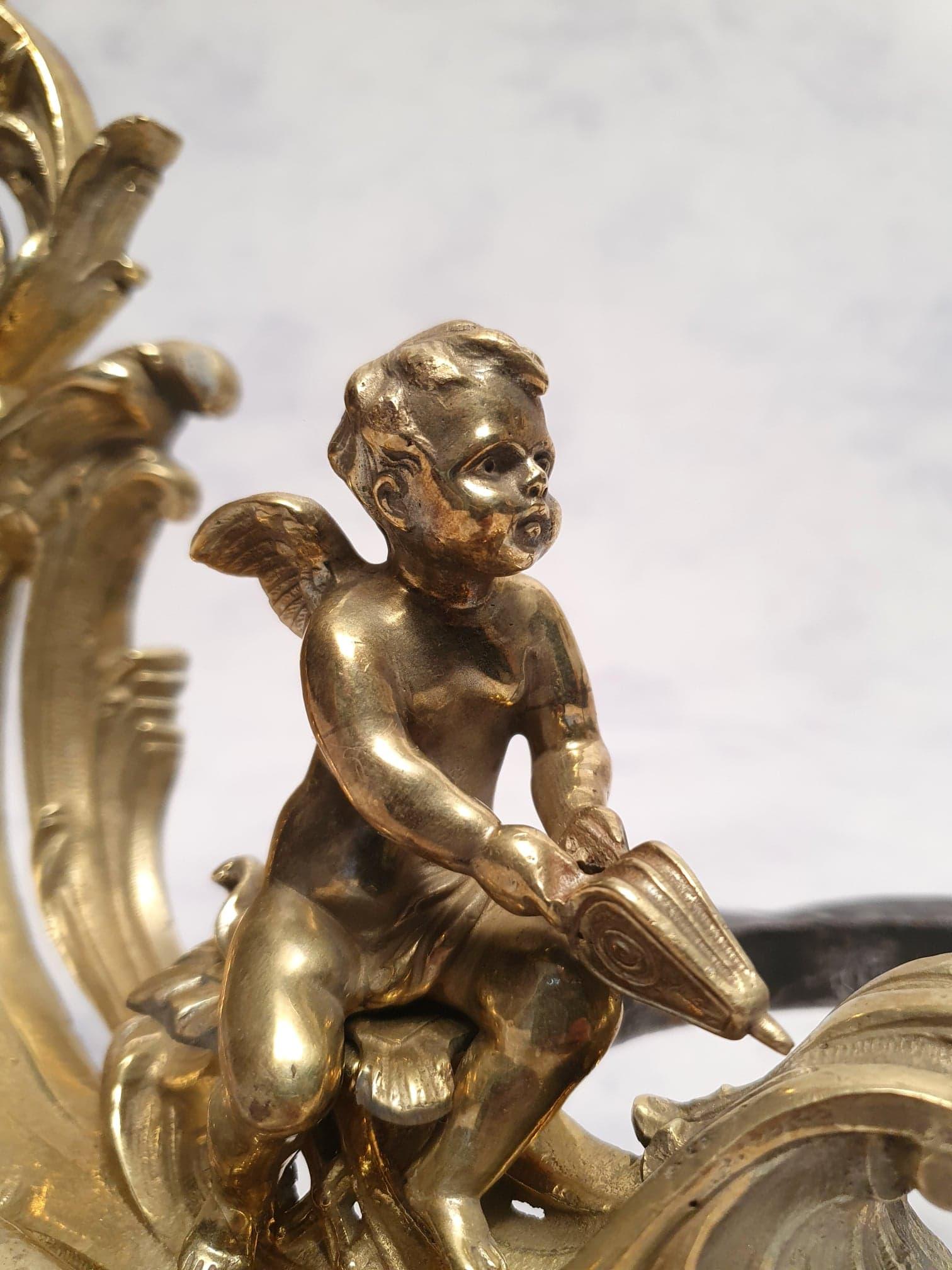 Superb pair of Louis XV style andirons in chiseled bronze. Each of the andirons is decorated with a putto, one male with a bellows and the other female. These two winged cherubs are nicely chiseled, as are the Rocaille decorations of these andirons.