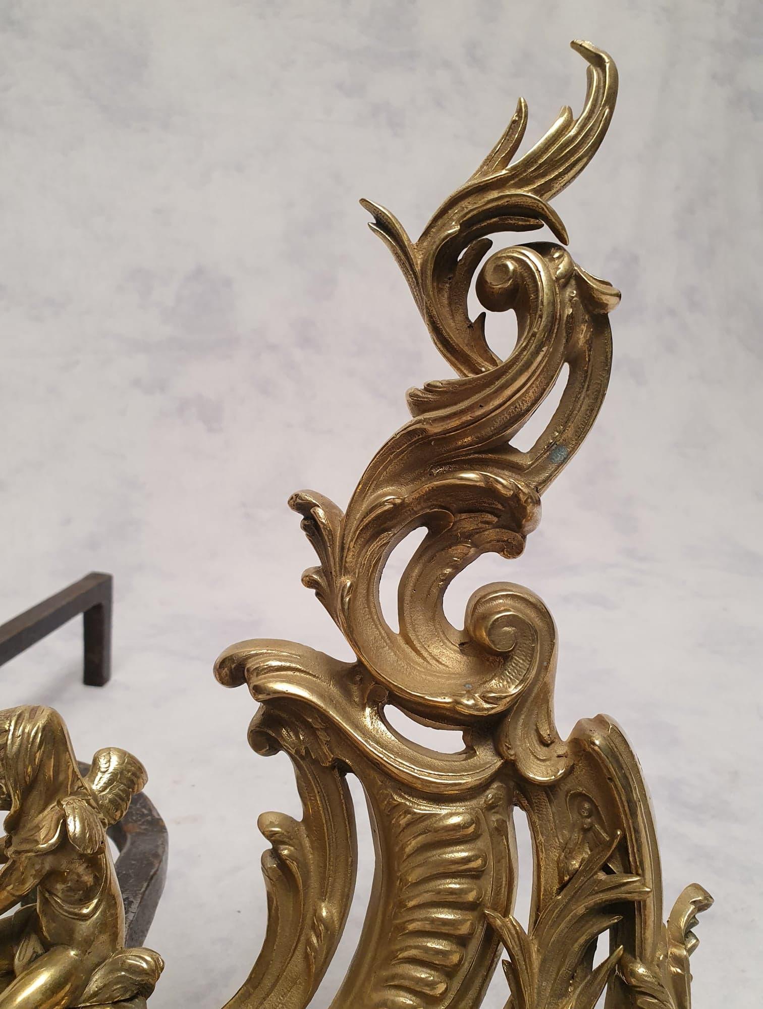 French Pair of Andirons Louis XV Style with Putti, Chiseled Bronze, 19th