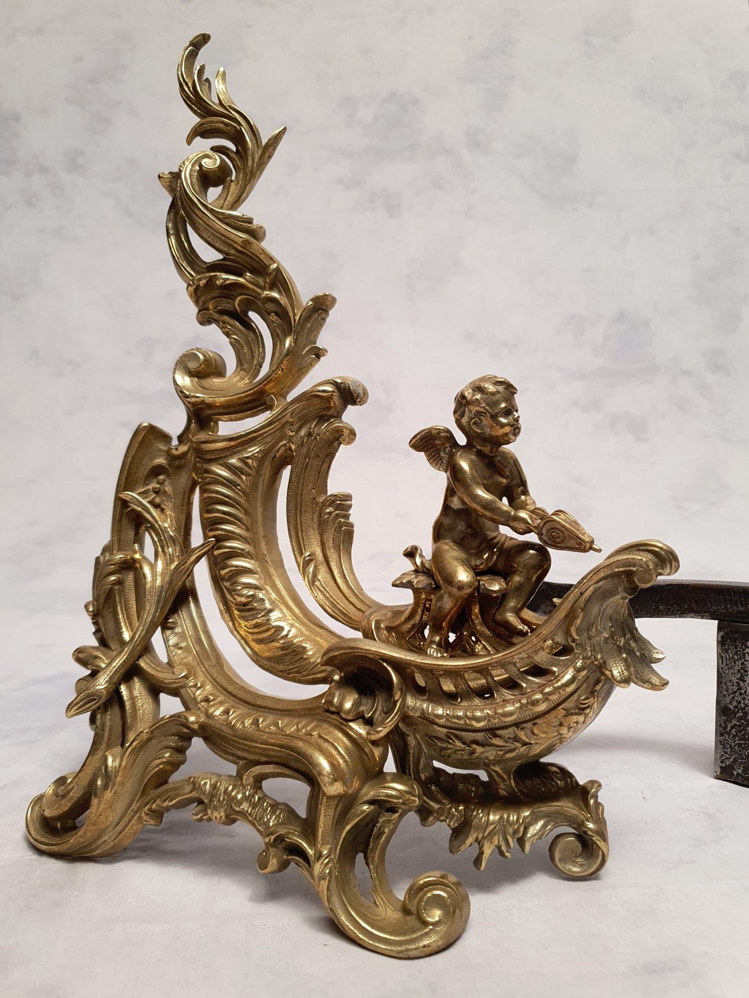 Pair of Andirons Louis XV Style with Putti, Chiseled Bronze, 19th 1