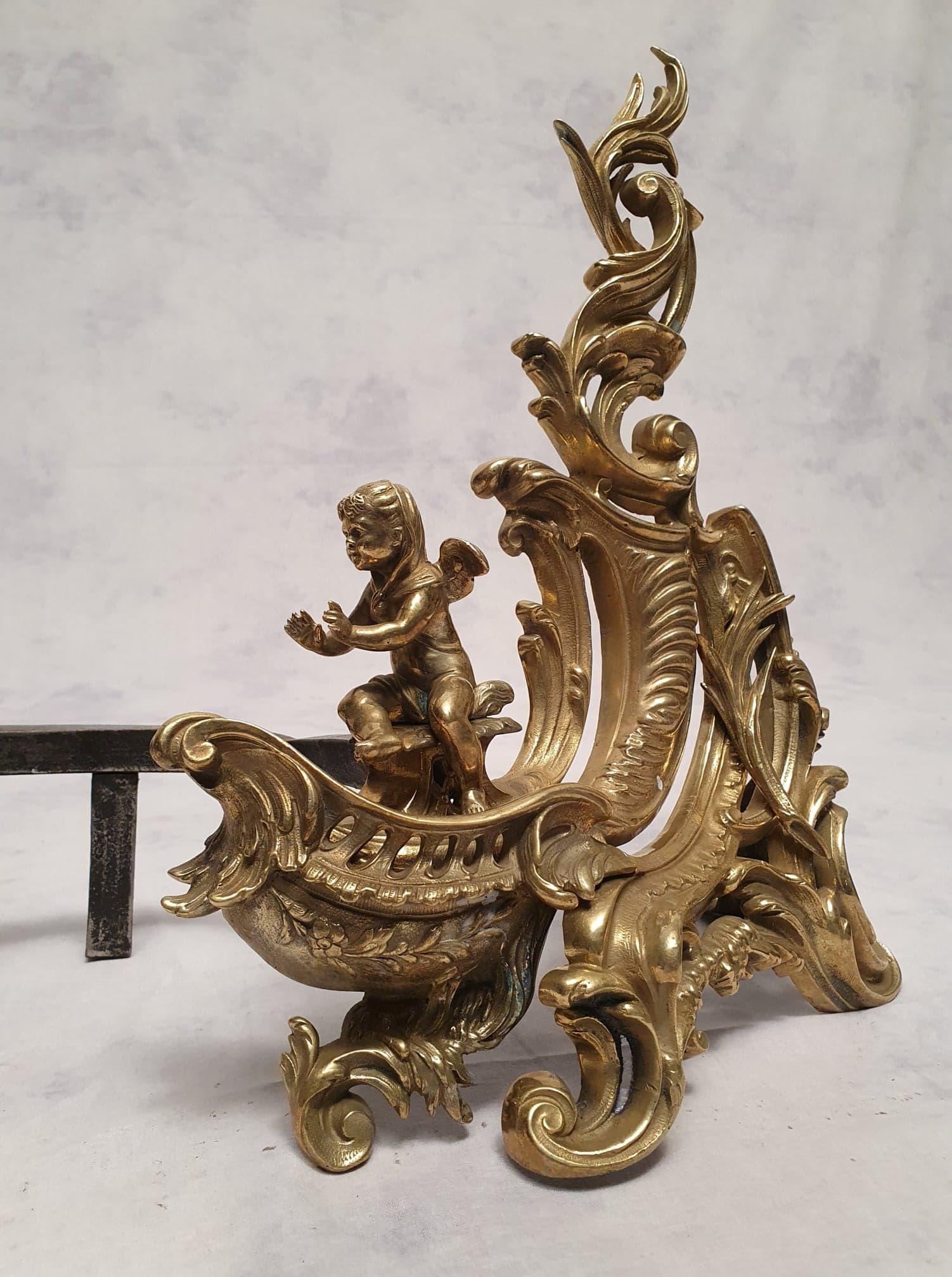 Pair of Andirons Louis XV Style with Putti, Chiseled Bronze, 19th 4