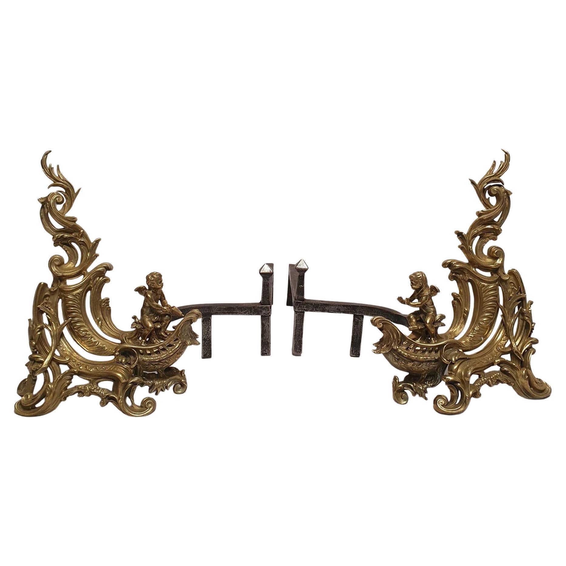 Pair of Andirons Louis XV Style with Putti, Chiseled Bronze, 19th