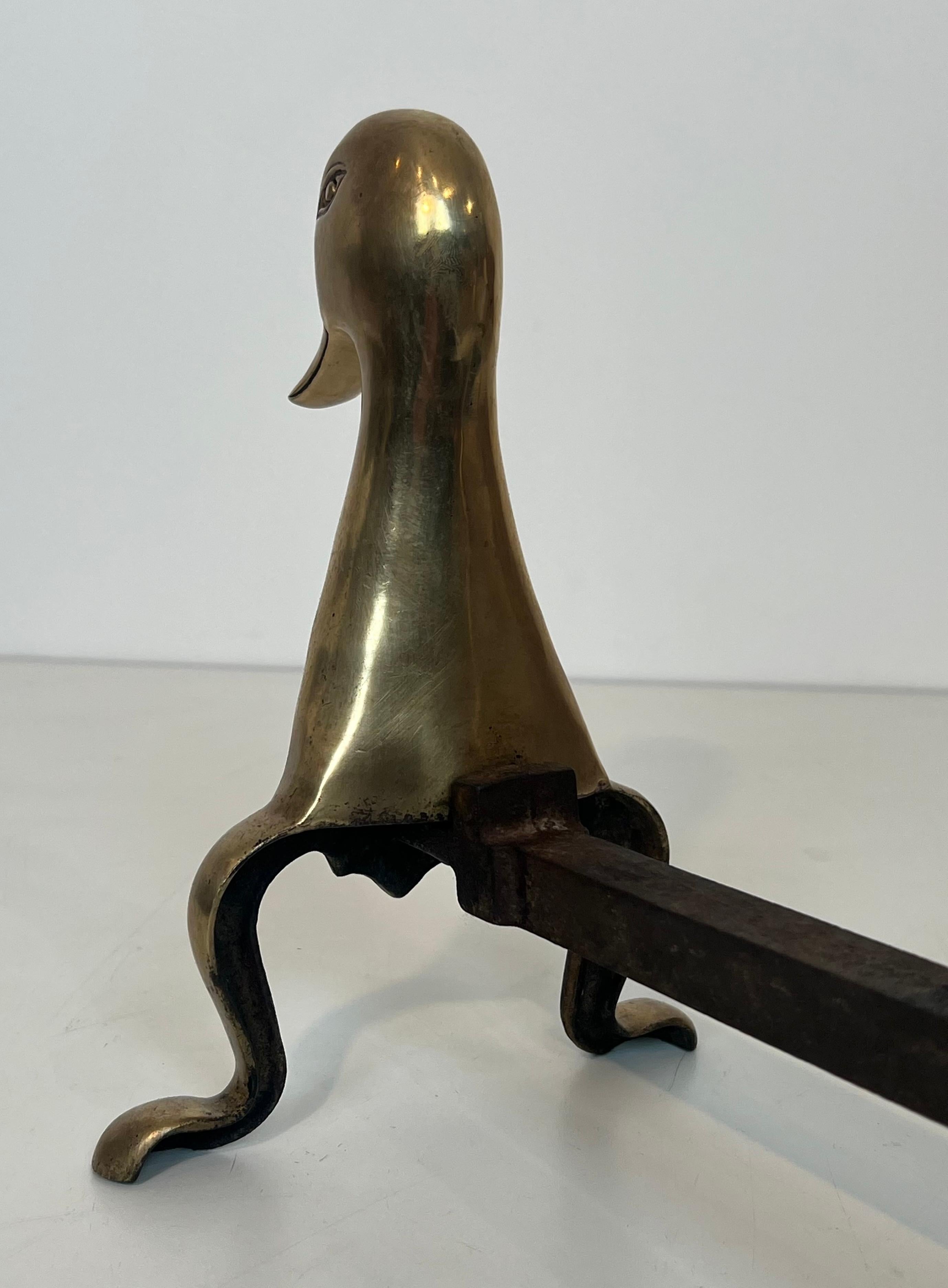 Pair of Andirons Representing Stylized Ducks in Brass In the Taste of Claude and For Sale 5