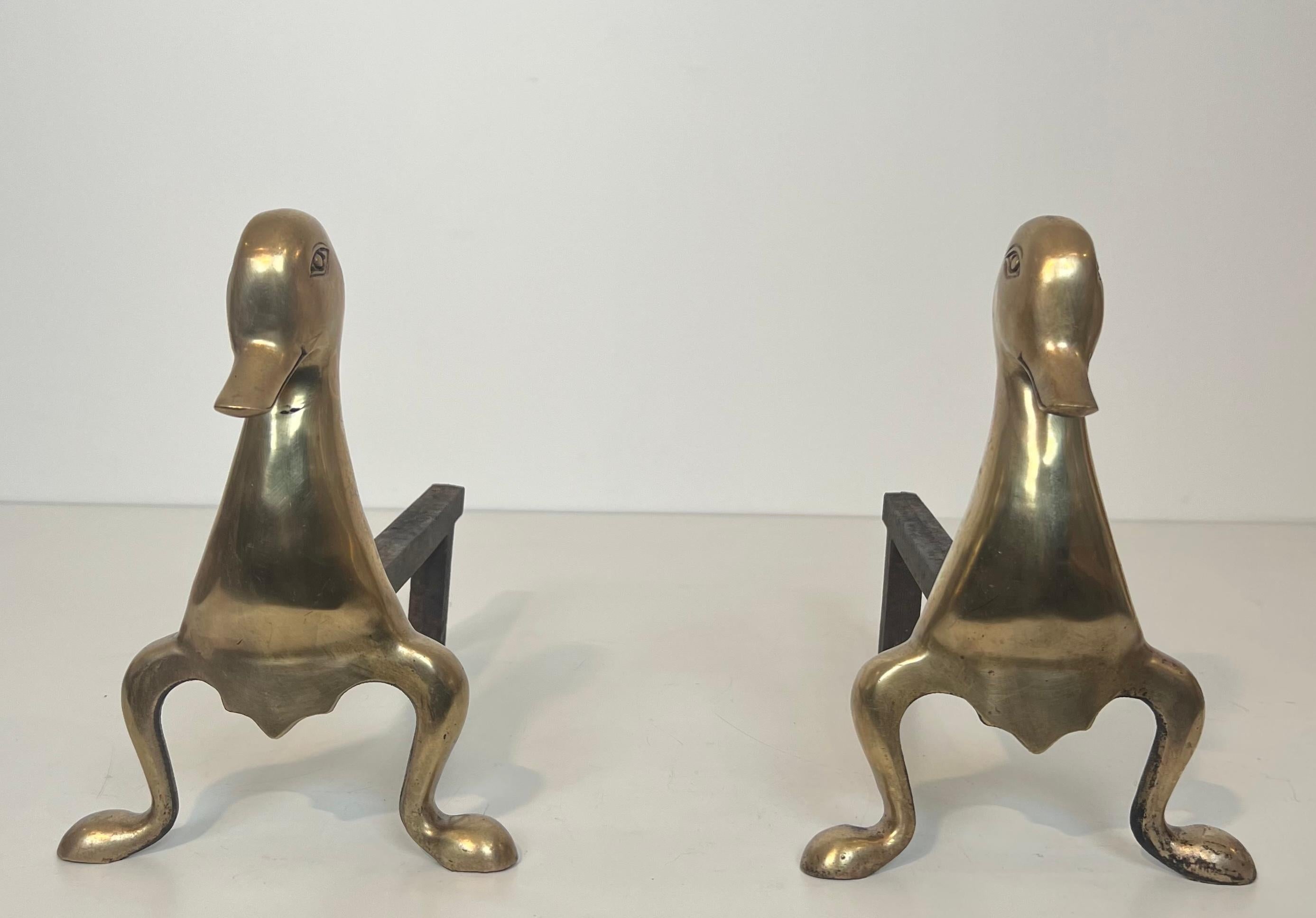 Pair of Andirons Representing Stylized Ducks in Brass In the Taste of Claude and For Sale 6