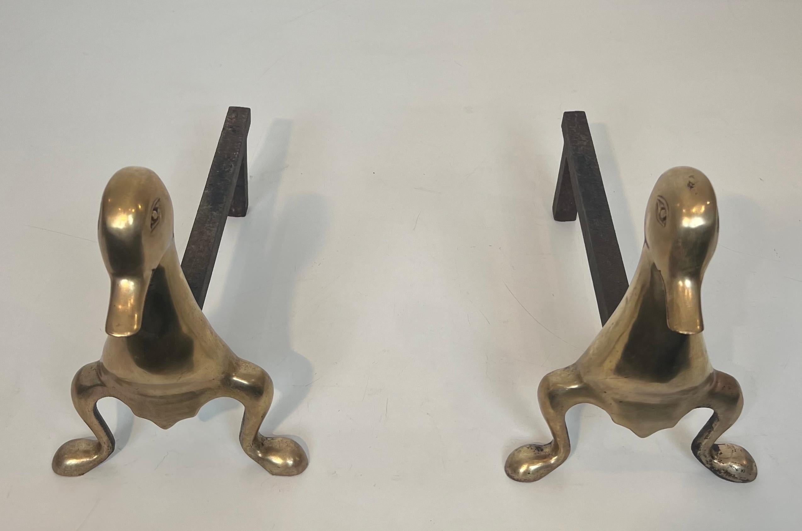 Pair of Andirons Representing Stylized Ducks in Brass In the Taste of Claude and For Sale 7