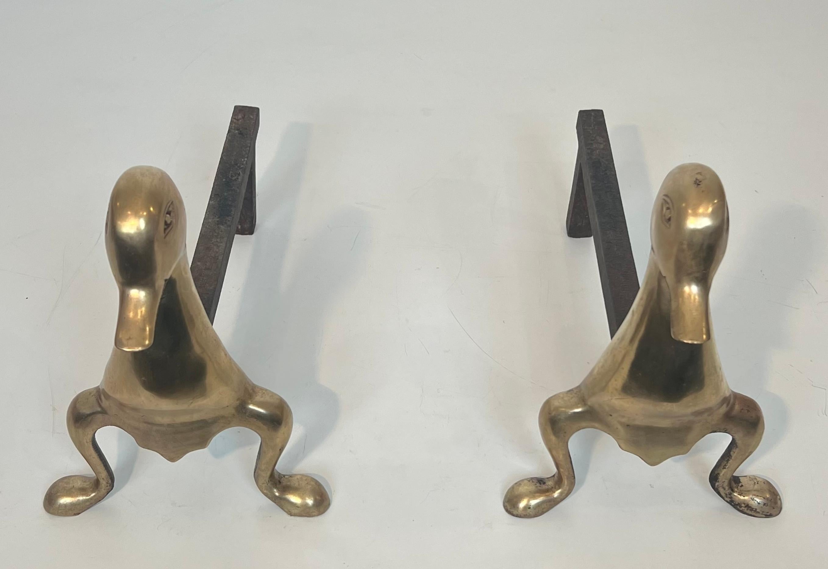 Pair of Andirons Representing Stylized Ducks in Brass In the Taste of Claude and For Sale 8