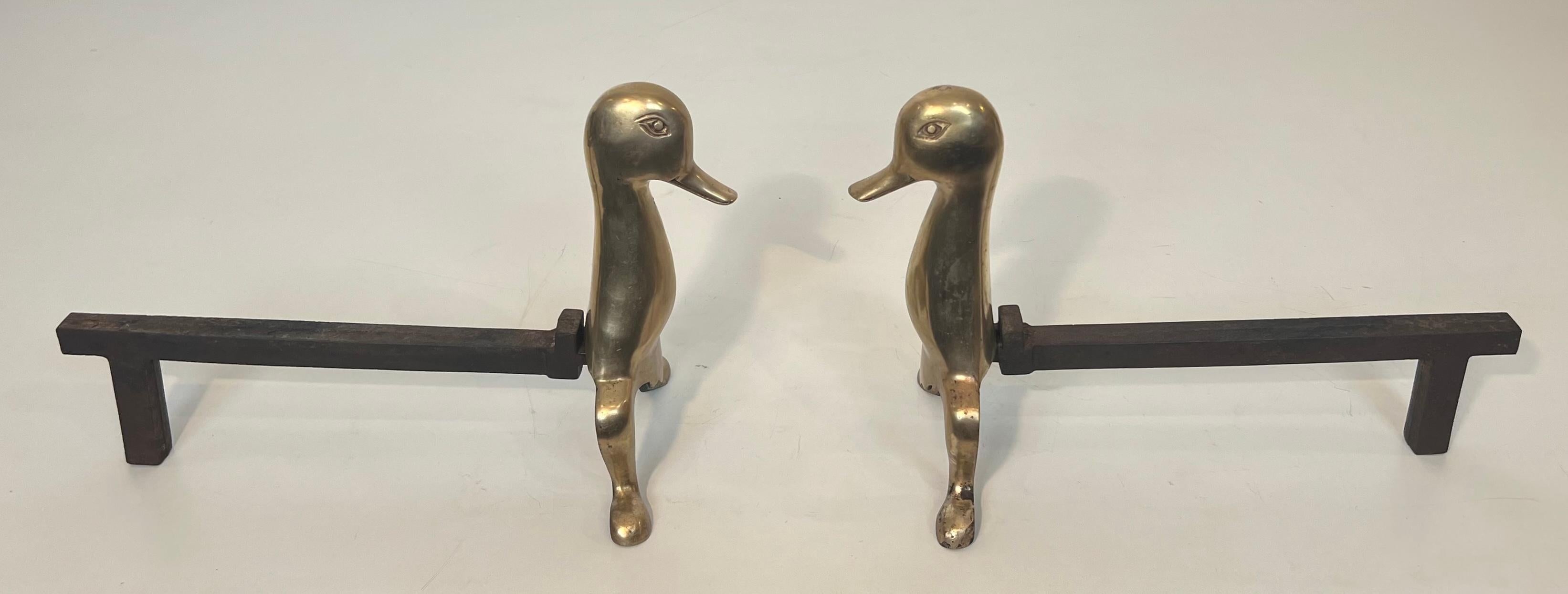 Pair of Andirons Representing Stylized Ducks in Brass In the Taste of Claude and For Sale 9