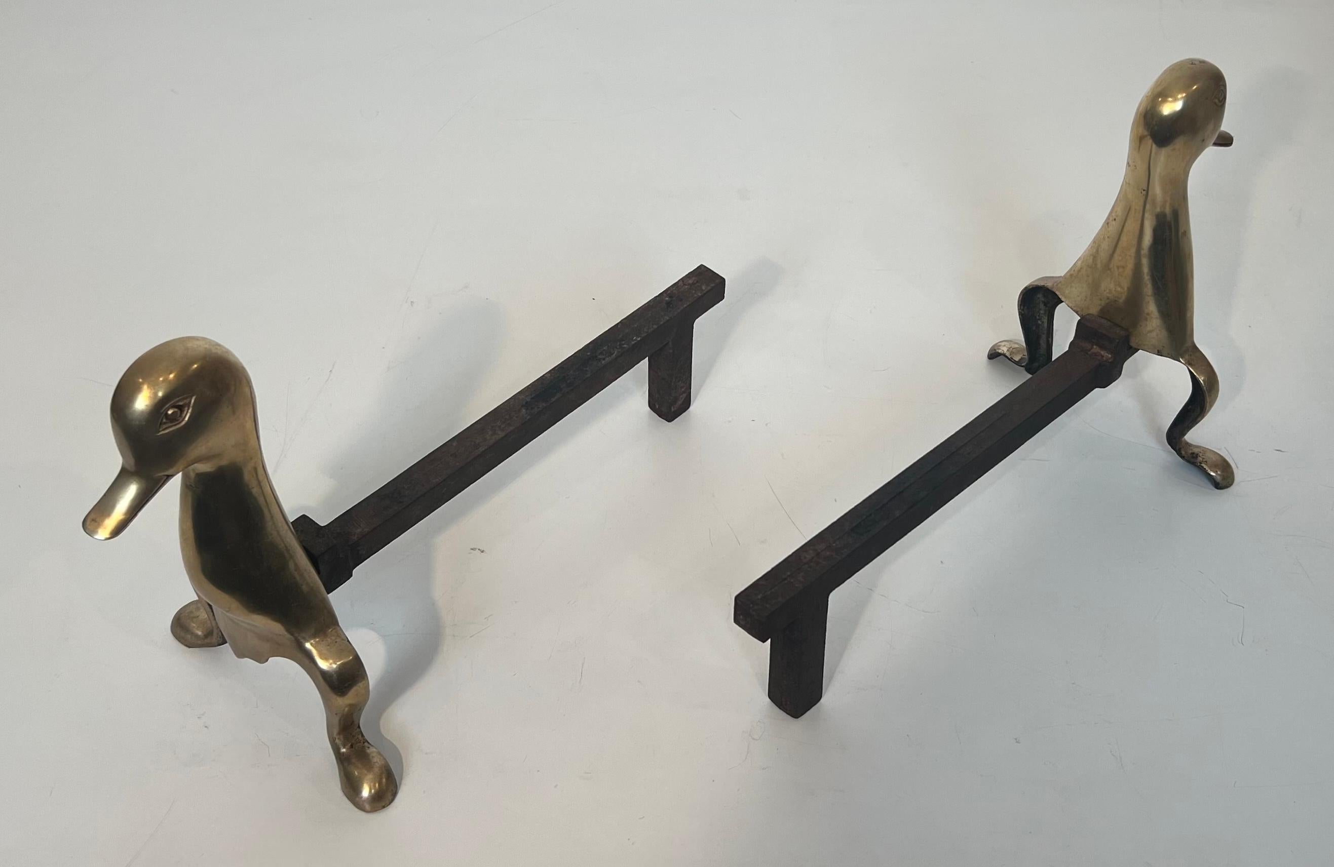 Pair of Andirons Representing Stylized Ducks in Brass In the Taste of Claude and For Sale 10