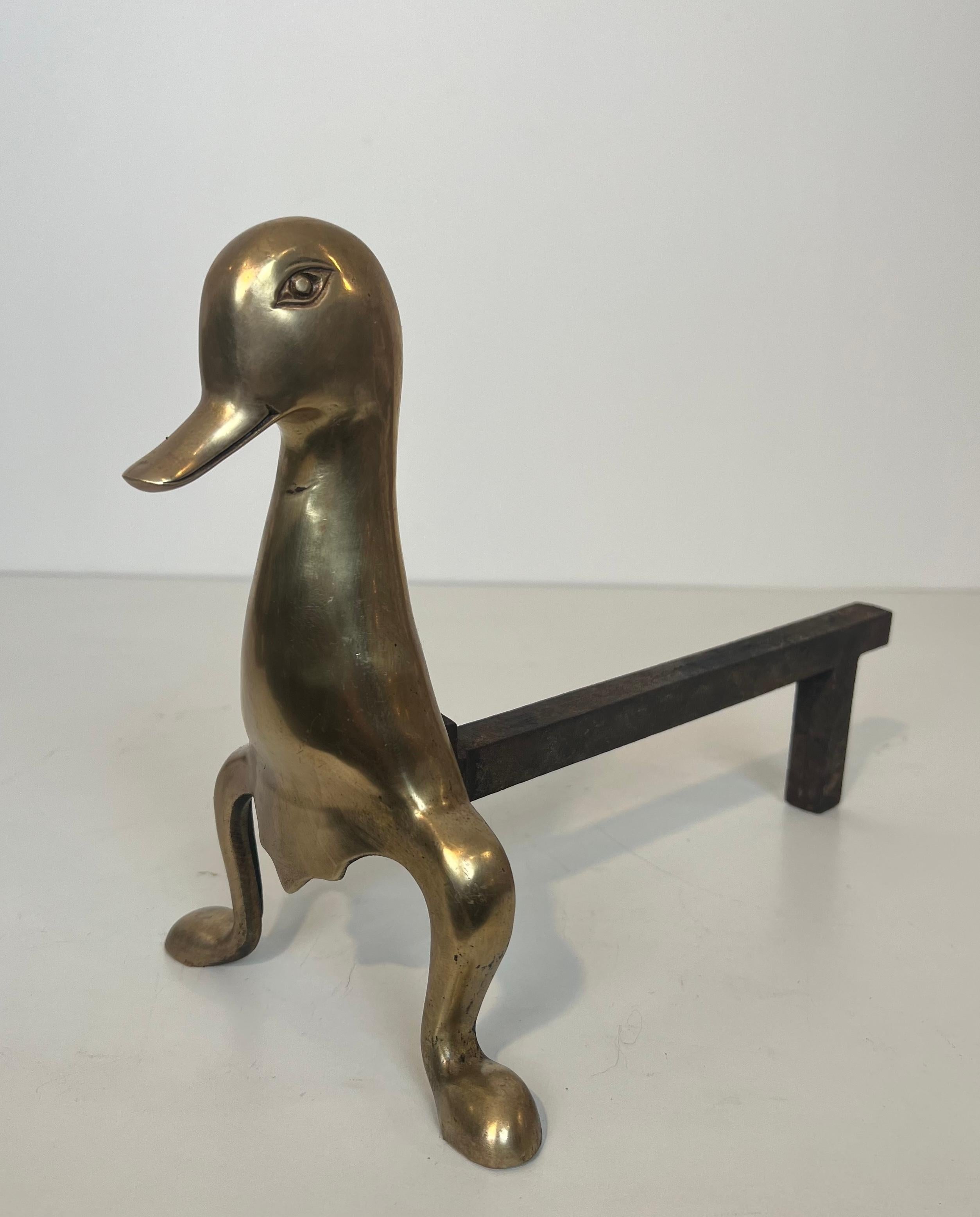 Pair of Andirons Representing Stylized Ducks in Brass In the Taste of Claude and For Sale 11