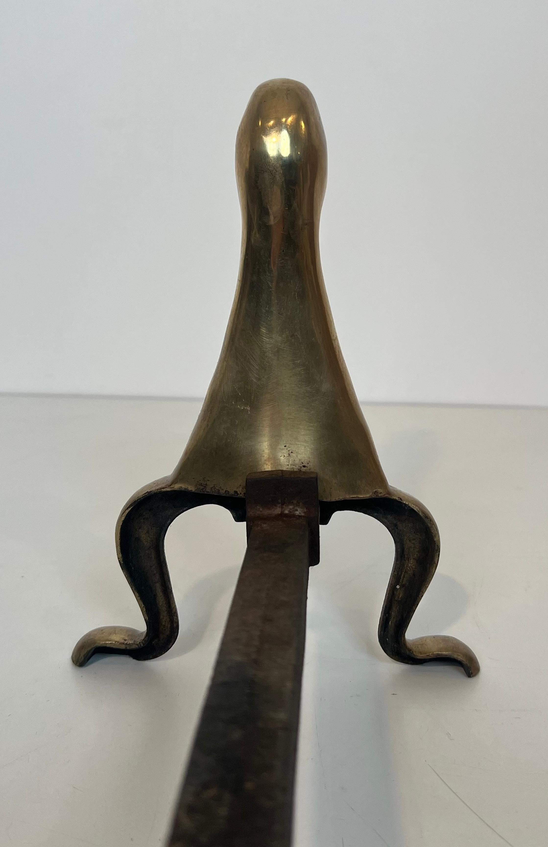 Pair of Andirons Representing Stylized Ducks in Brass In the Taste of Claude and For Sale 12
