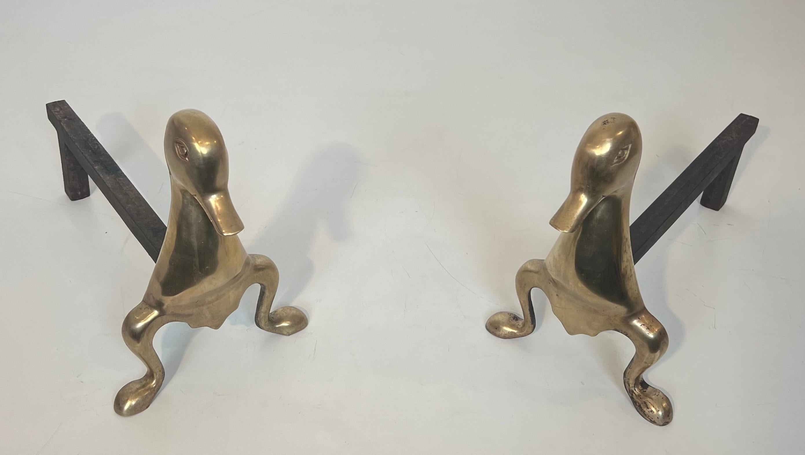Pair of Andirons Representing Stylized Ducks in Brass In the Taste of Claude and For Sale 13