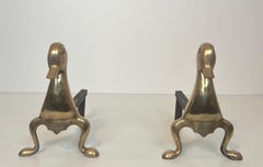 Pair of Andirons Representing Stylized Ducks in Brass