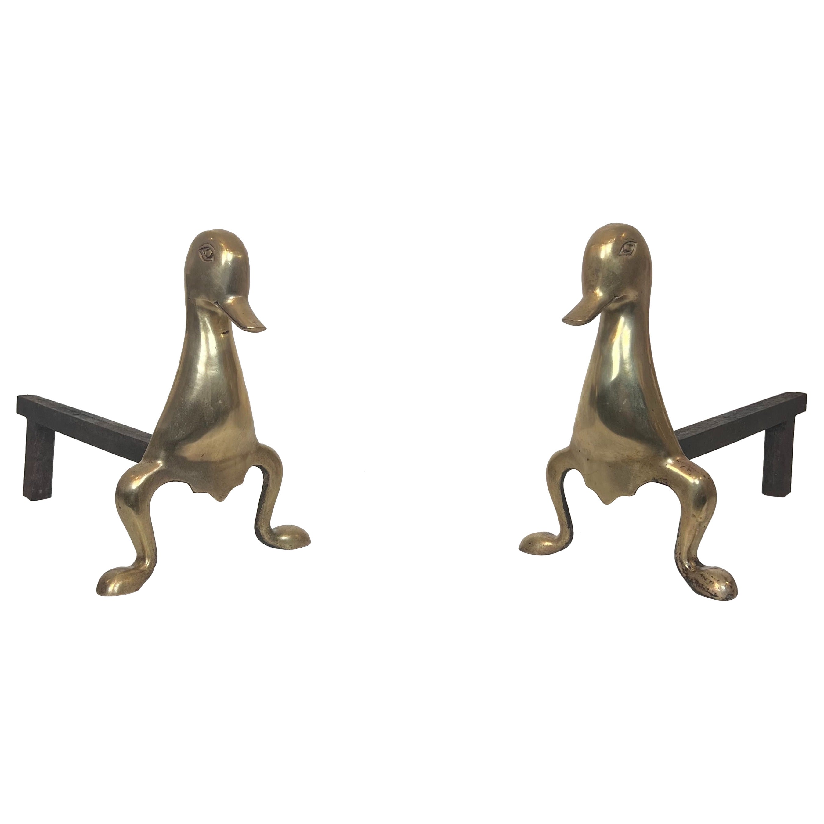 Pair of Andirons Representing Stylized Ducks in Brass In the Taste of Claude and