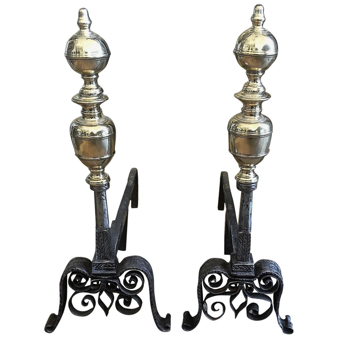 Pair of Andirons with Brass Adornment For Sale