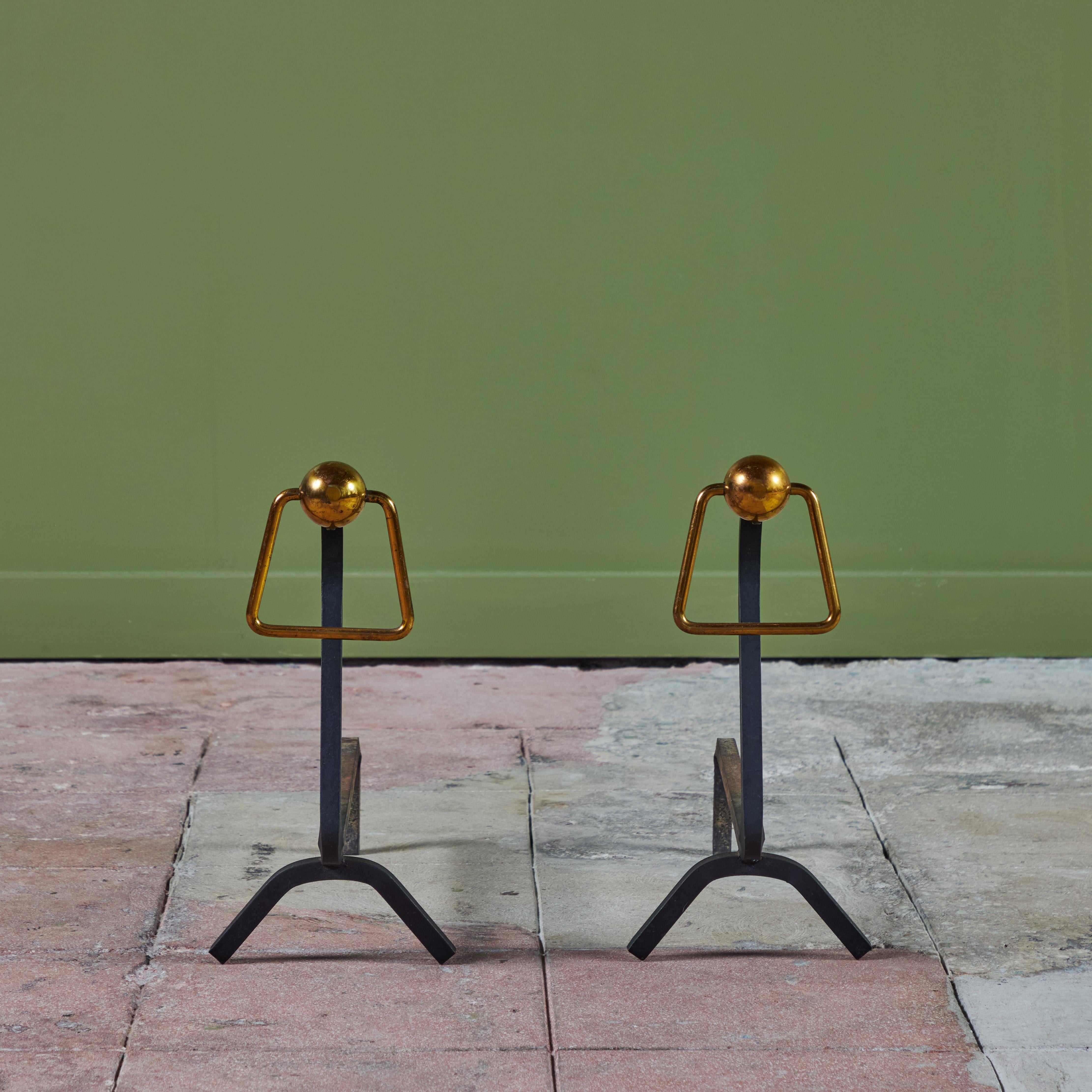20th Century Pair of Andirons with Brass Ring Detail For Sale