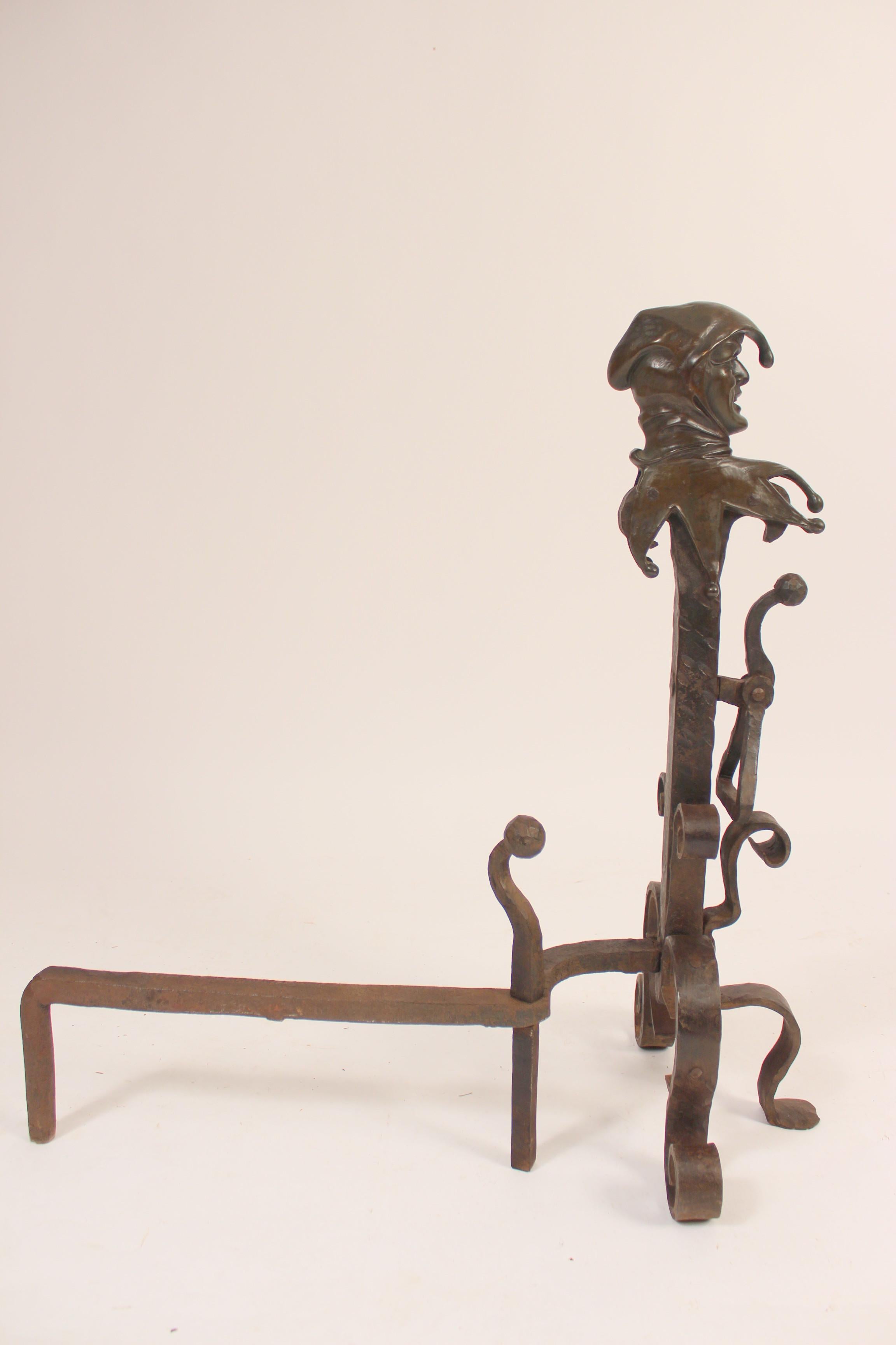 Baroque Revival Pair of Andirons with Bronze Jester Faces