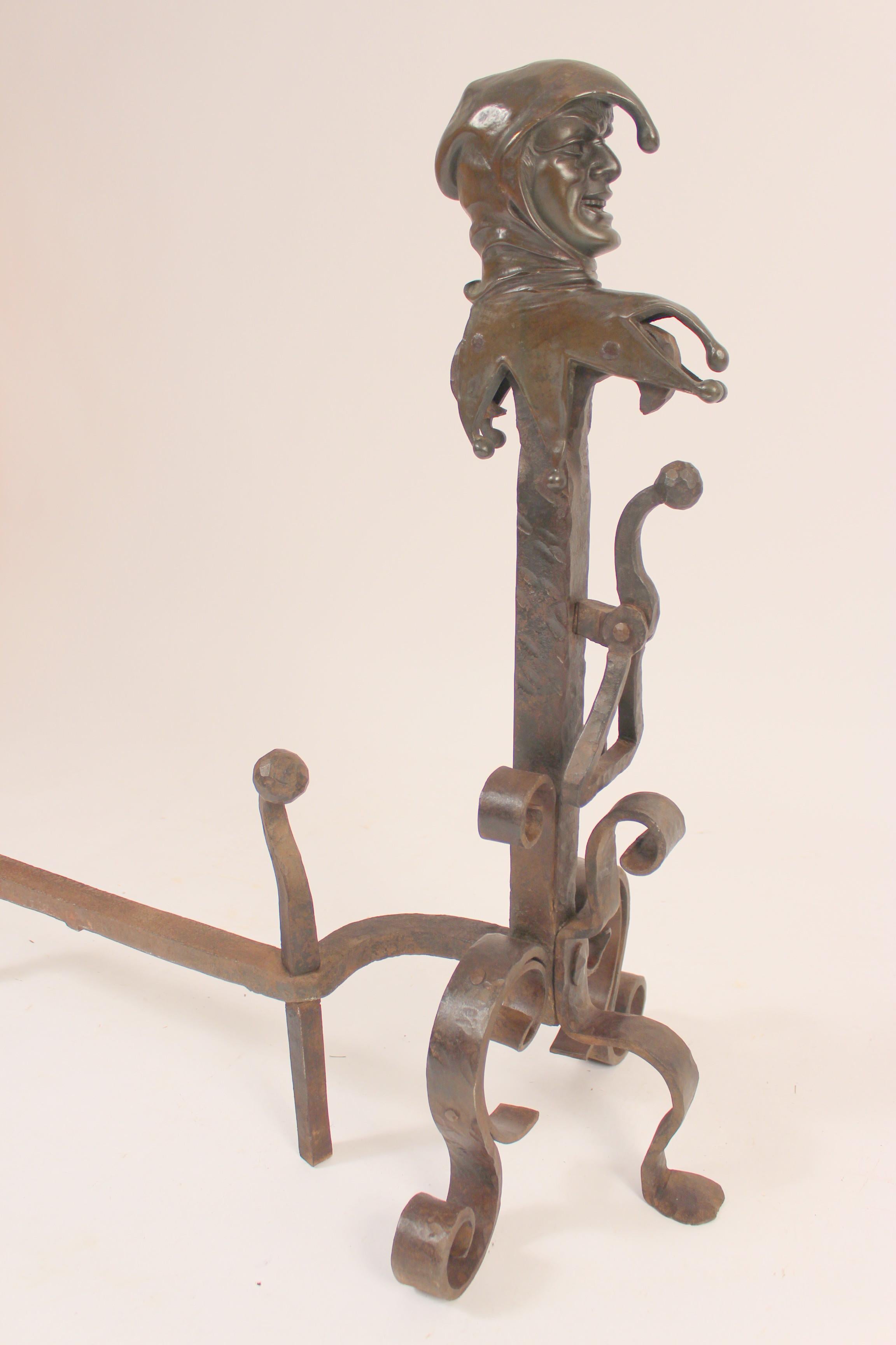 European Pair of Andirons with Bronze Jester Faces