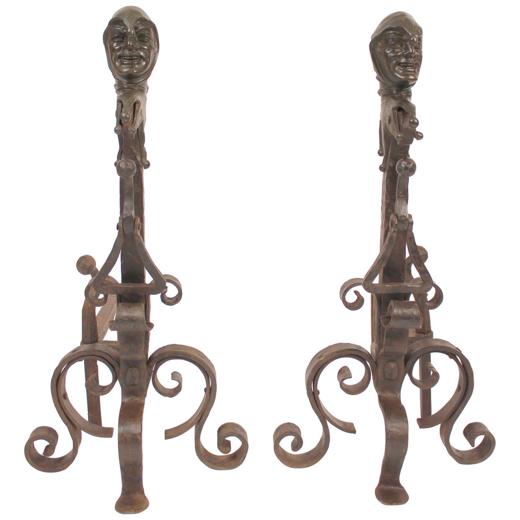 Pair of Andirons with Bronze Jester Faces