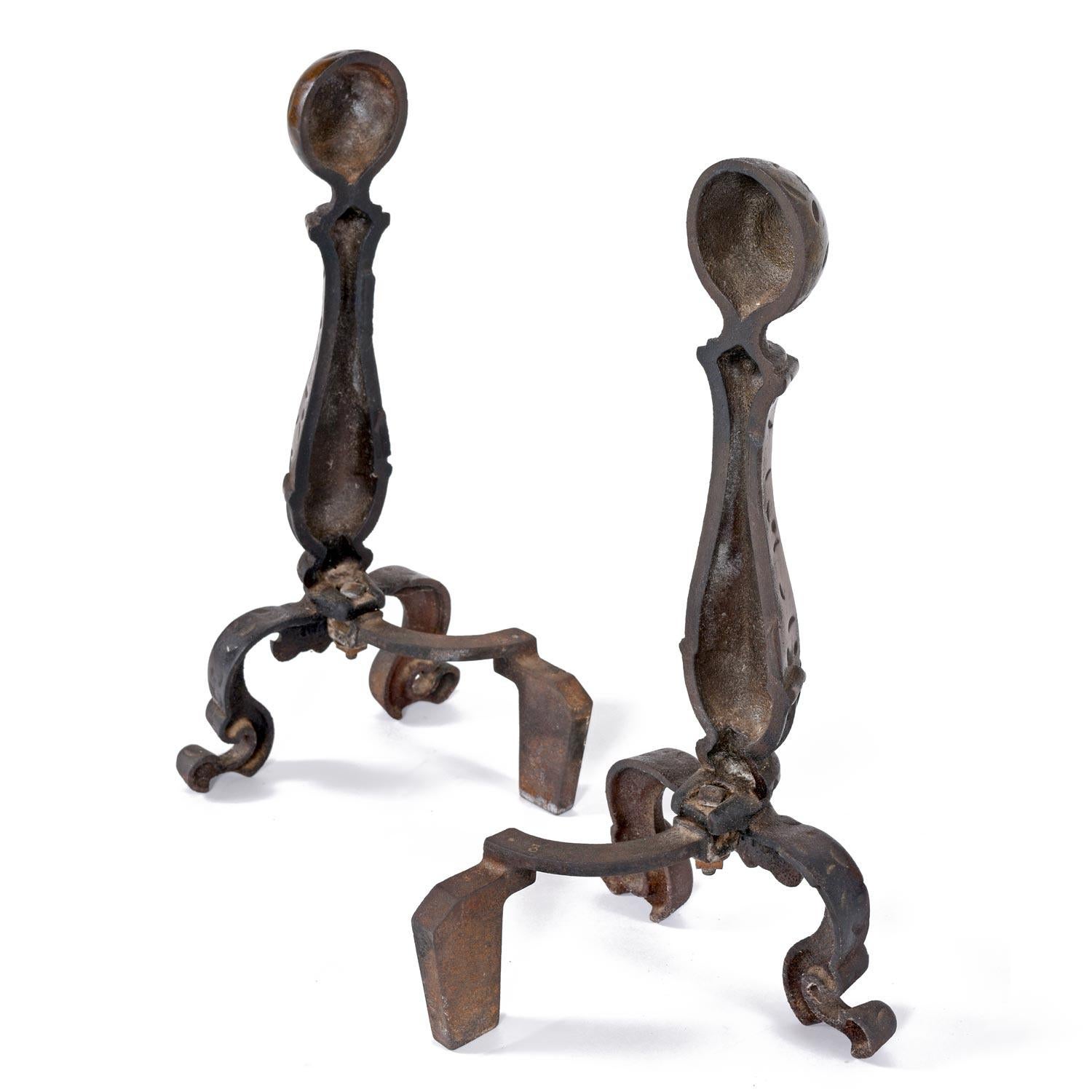 Mid-Century Modern Pair of Andirons with Hammered Texture and Cannonball Crown For Sale