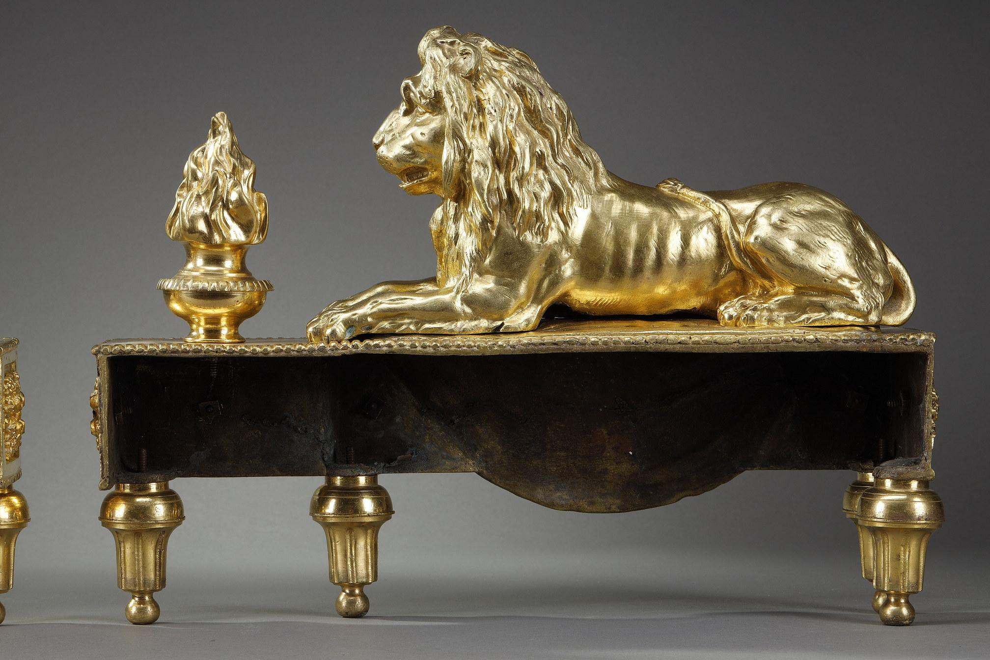 Pair of Andirons with Lions in Gilded and Chiseled Bronze For Sale 11