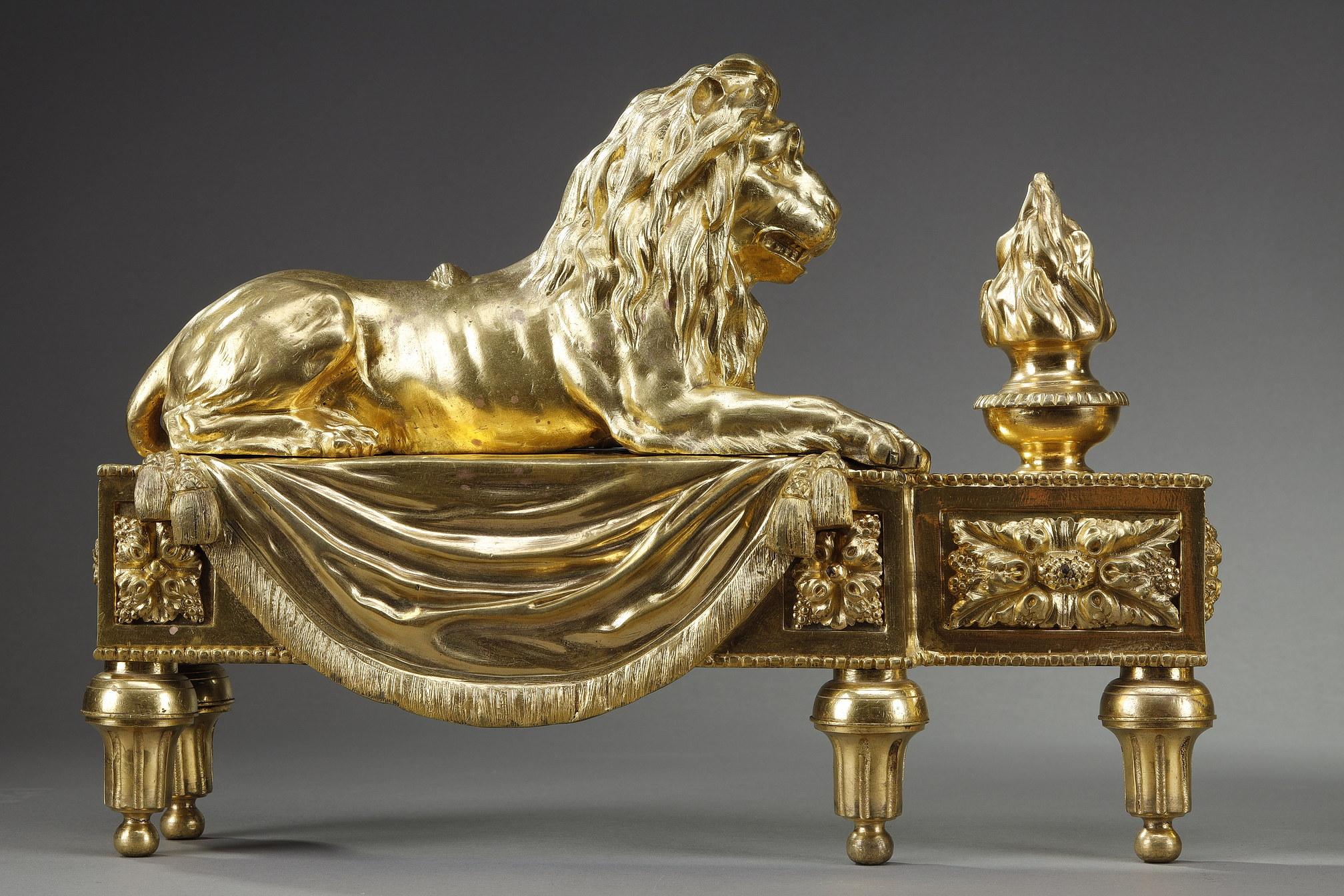 Louis XVI Pair of Andirons with Lions in Gilded and Chiseled Bronze For Sale