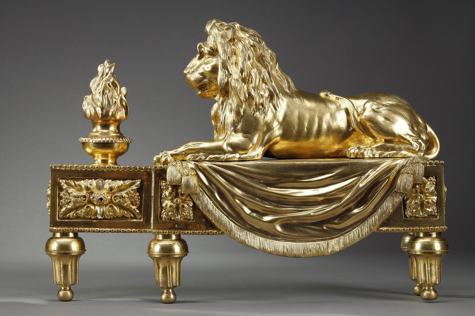French Pair of Andirons with Lions in Gilded and Chiseled Bronze For Sale