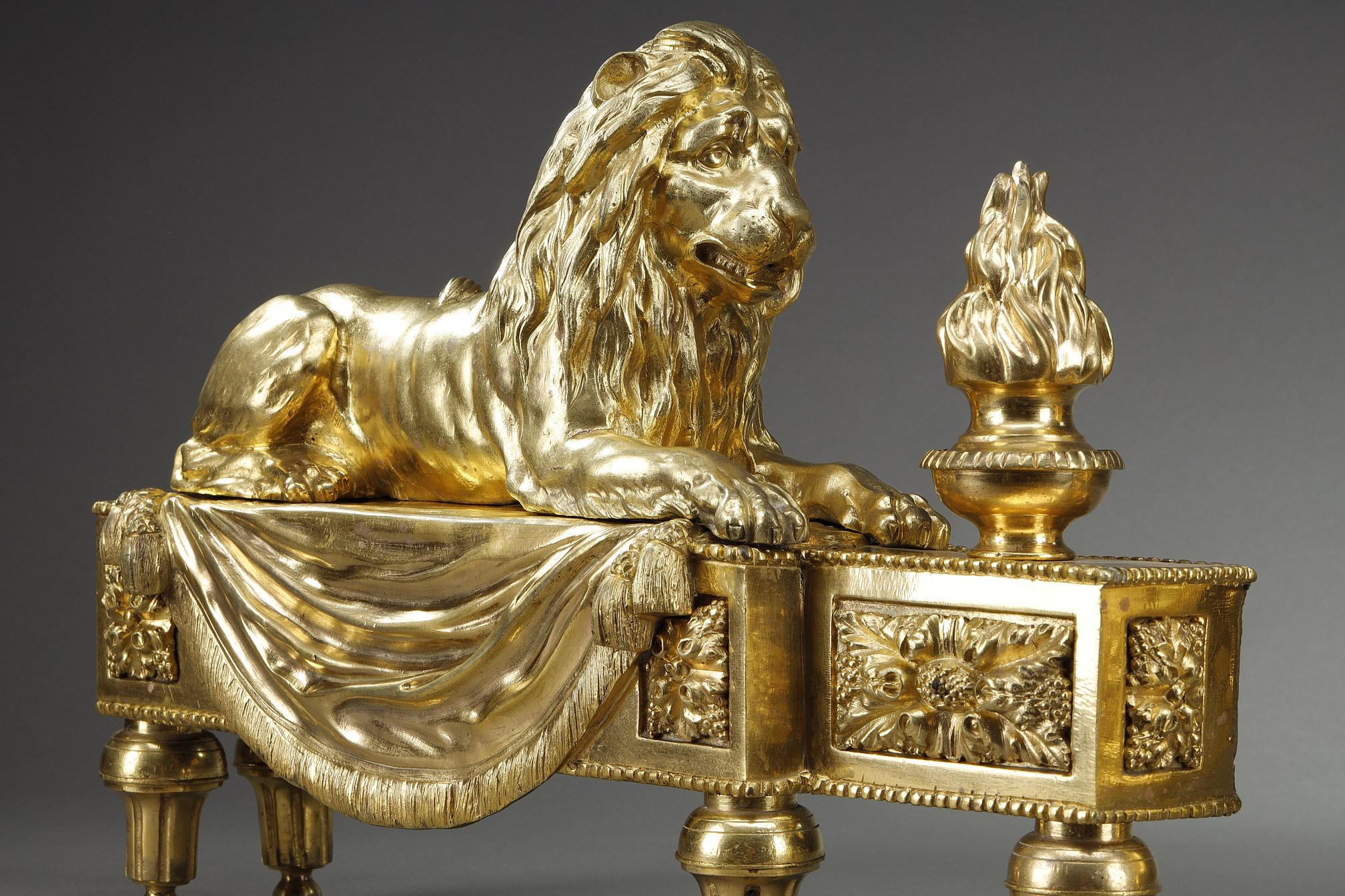 Gilt Pair of Andirons with Lions in Gilded and Chiseled Bronze For Sale