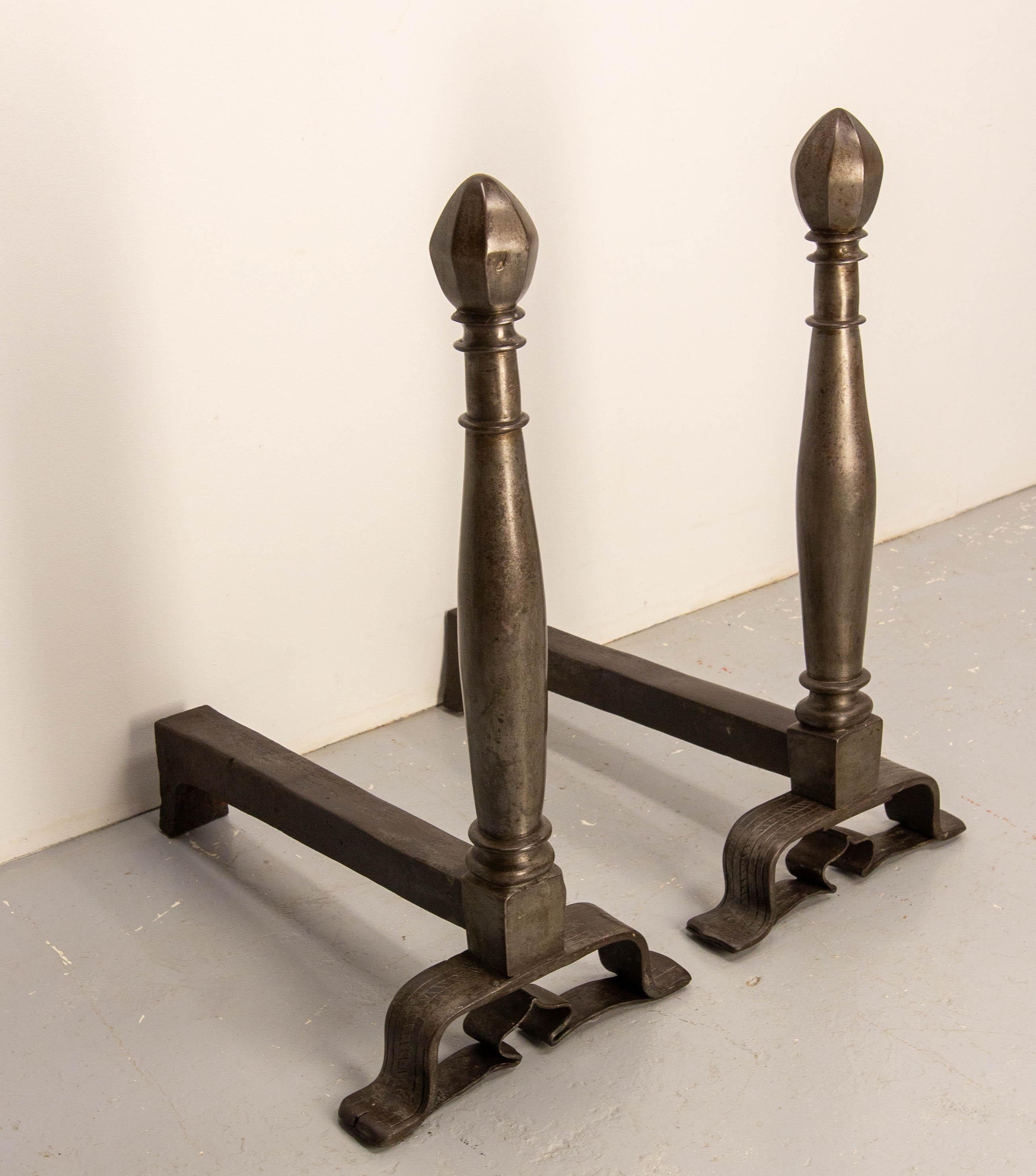Pair of Andirons Wrought Iron Monumental Fireplace Firedogs, France, 19th C In Good Condition For Sale In Labrit, Landes