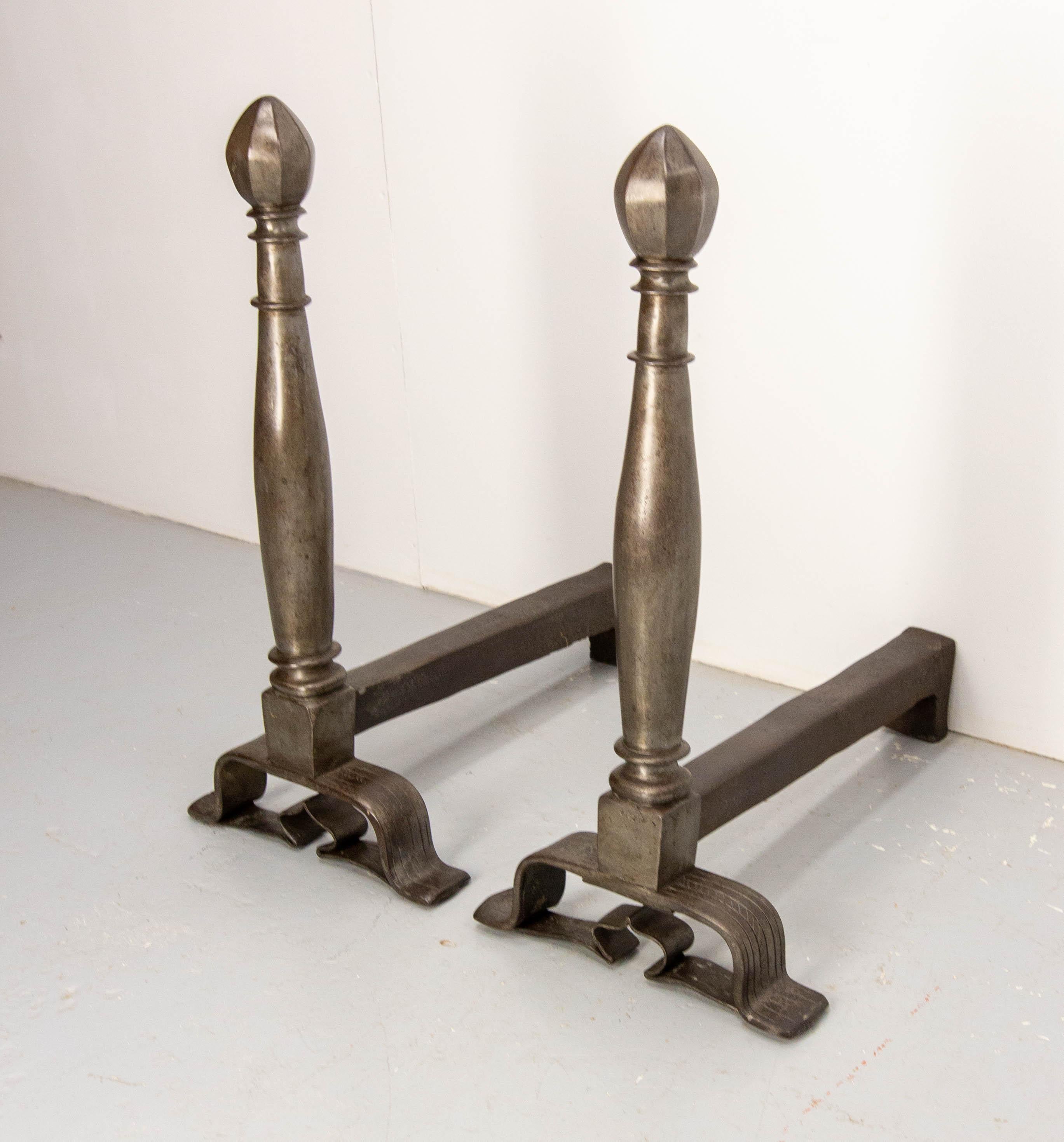 19th Century Pair of Andirons Wrought Iron Monumental Fireplace Firedogs, France, 19th C For Sale