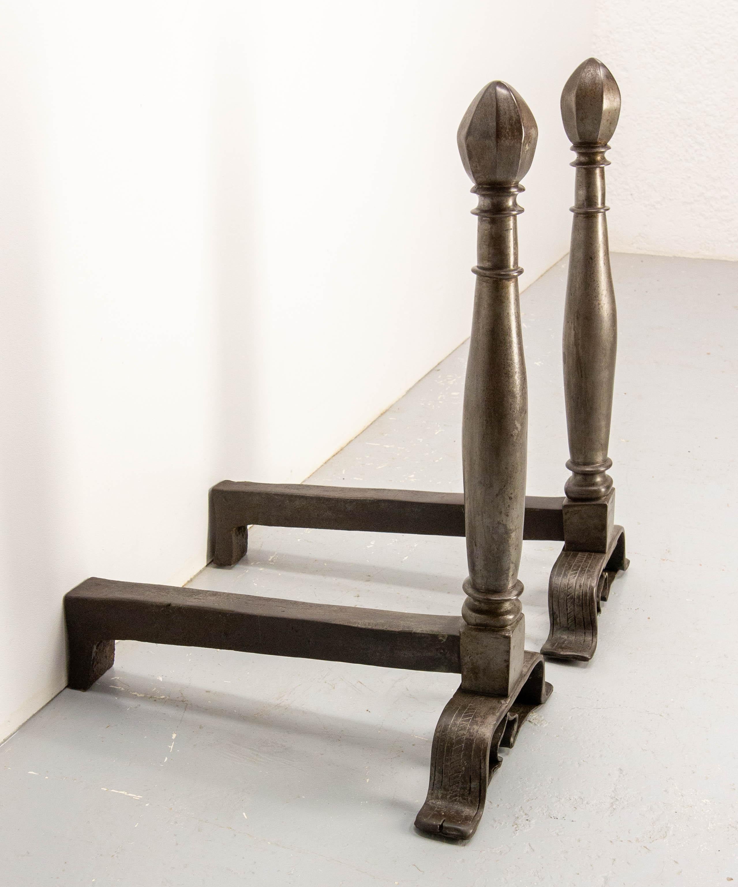 Pair of Andirons Wrought Iron Monumental Fireplace Firedogs, France, 19th C For Sale 1