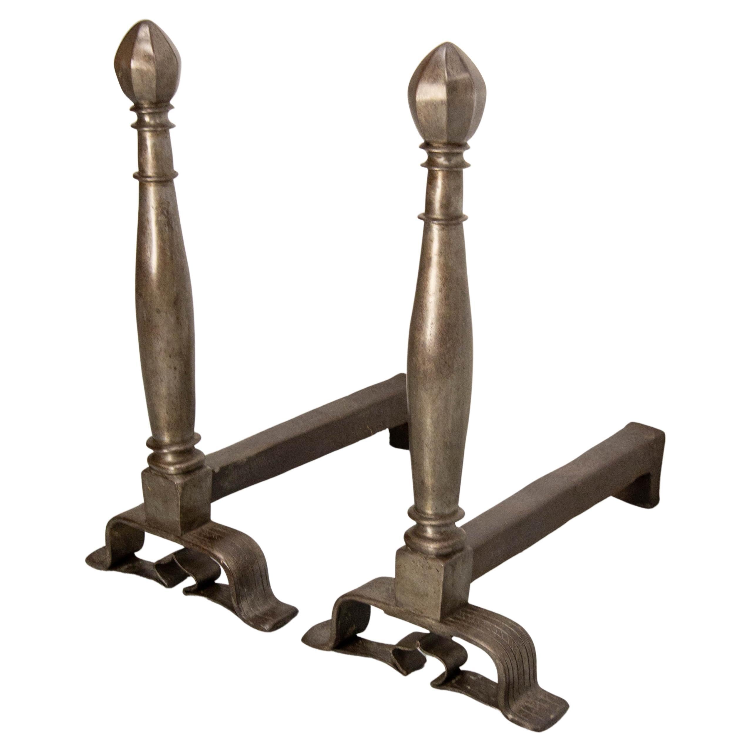 Pair of Andirons Wrought Iron Monumental Fireplace Firedogs, France, 19th C For Sale