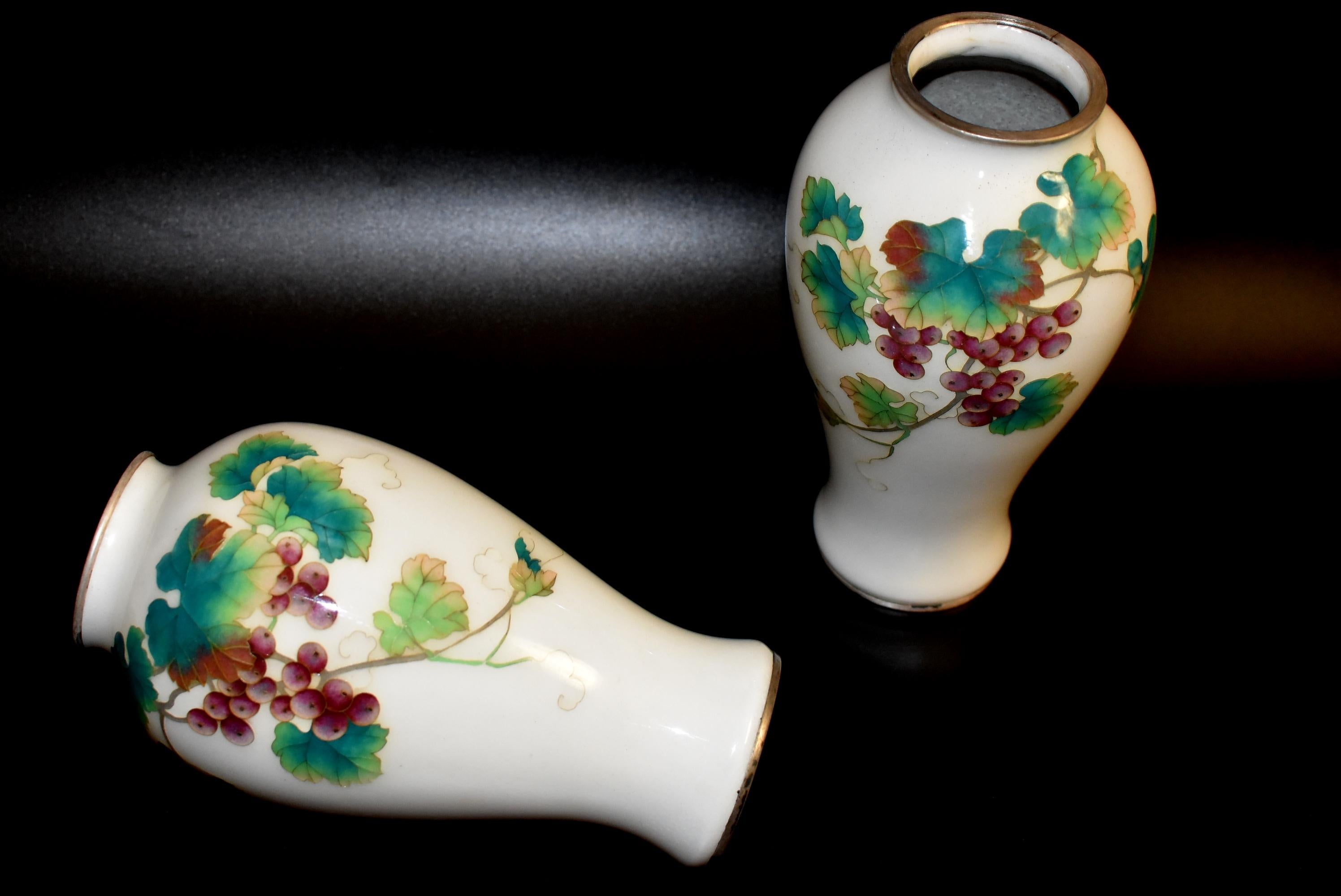 Pair of Ando Jubei Cloisonné Vase, Signed, Grapes 4